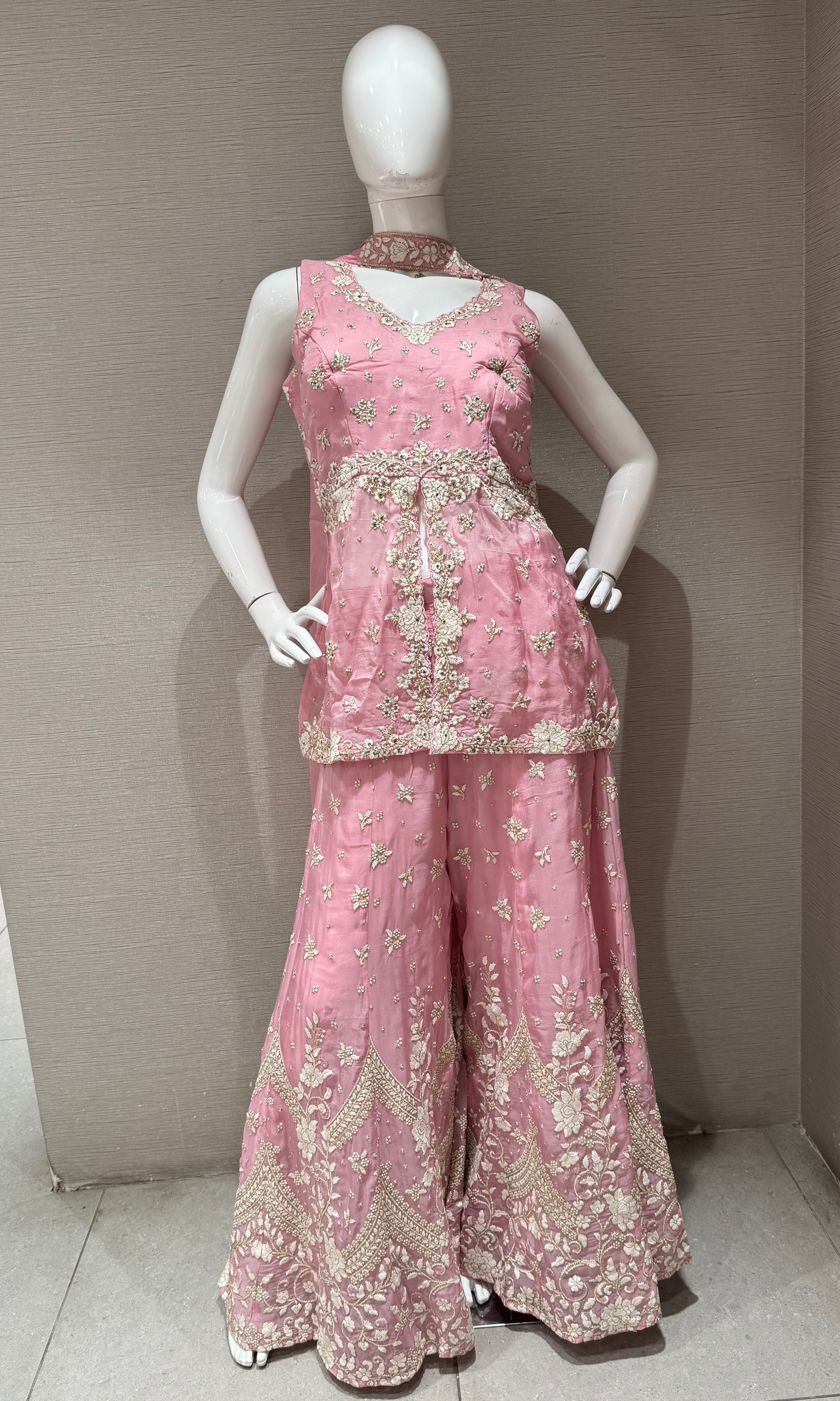 Pink Embellished Palazzo Set with Draped Dupatta