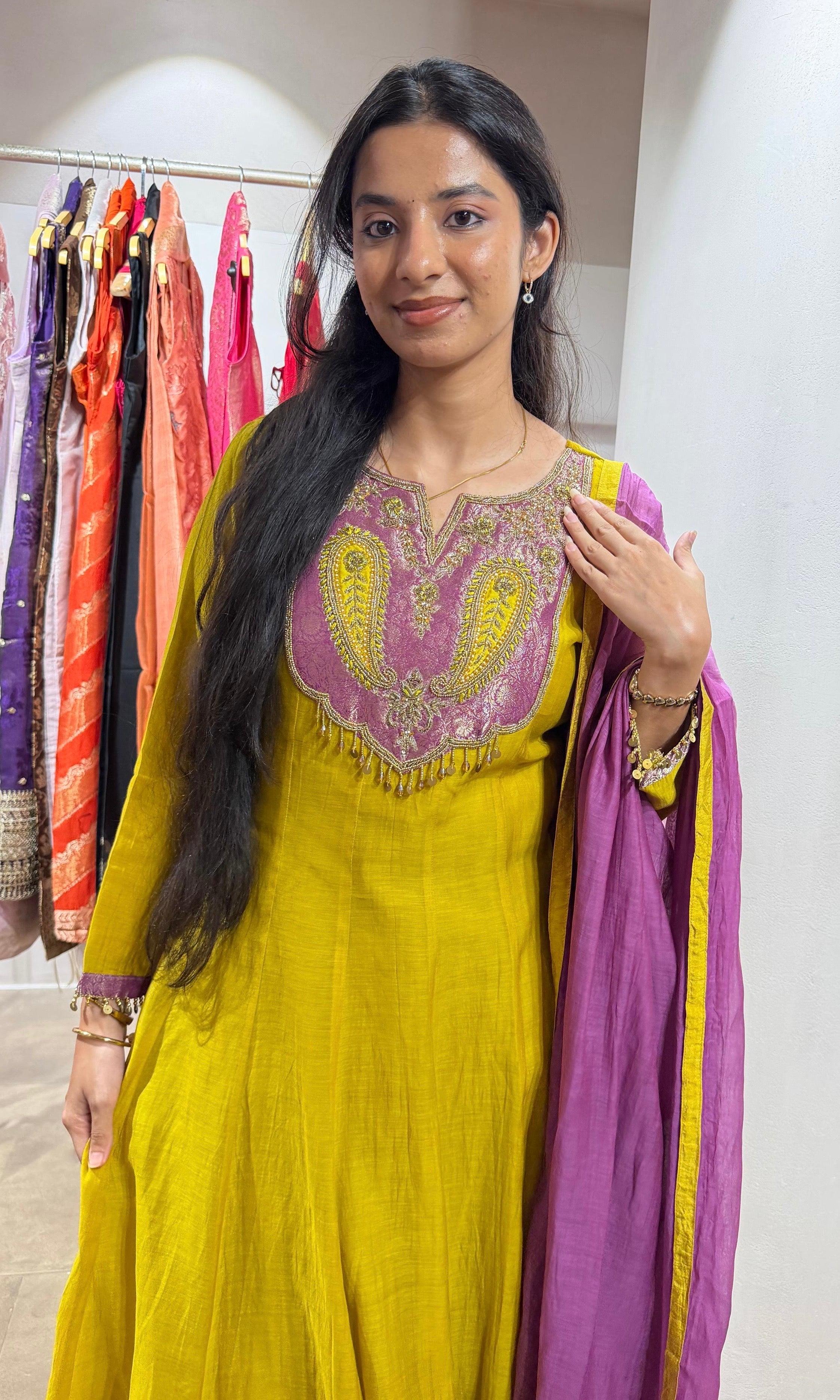 Mustard Anarkali Set with Magenta Dupatta