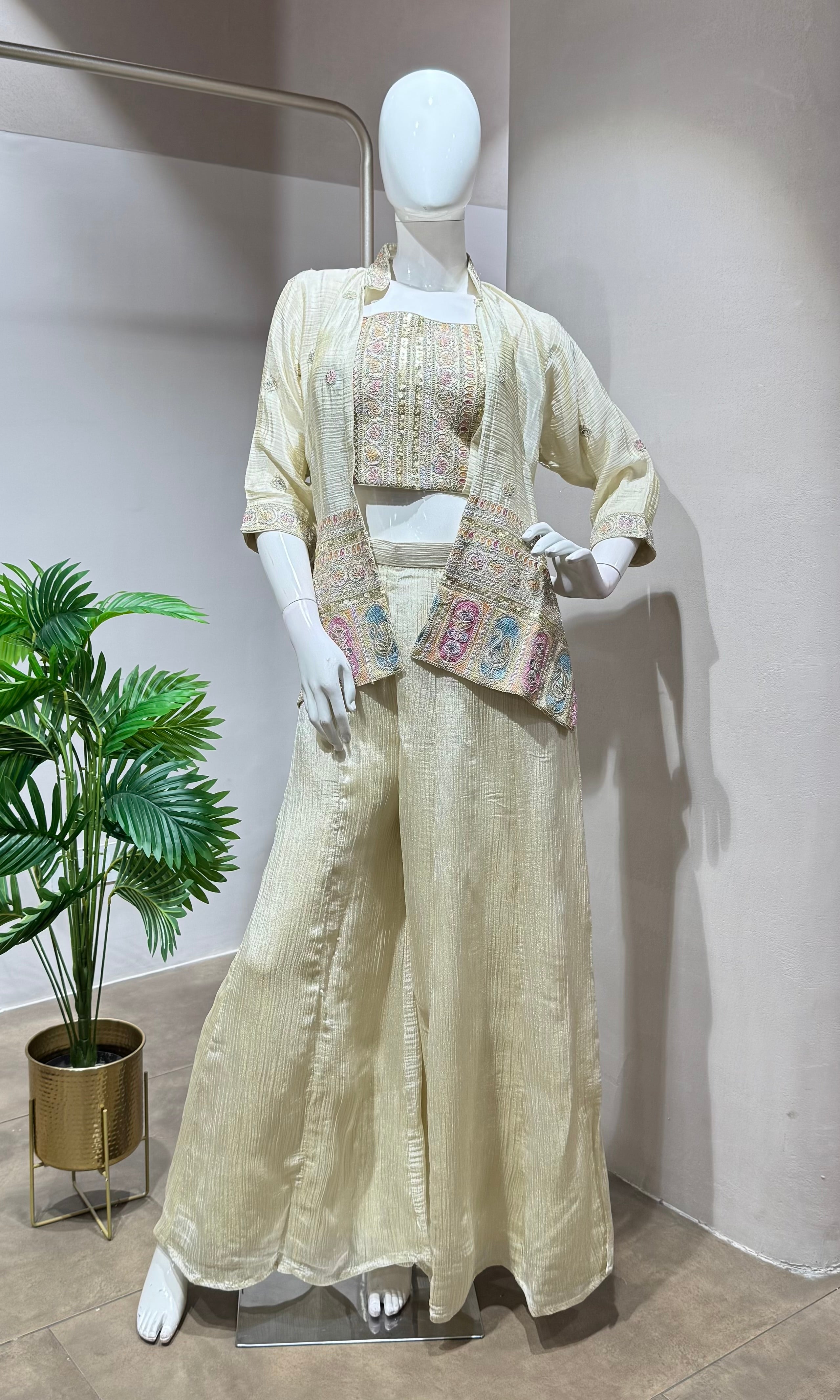 Cream crop top palazoo with jacket