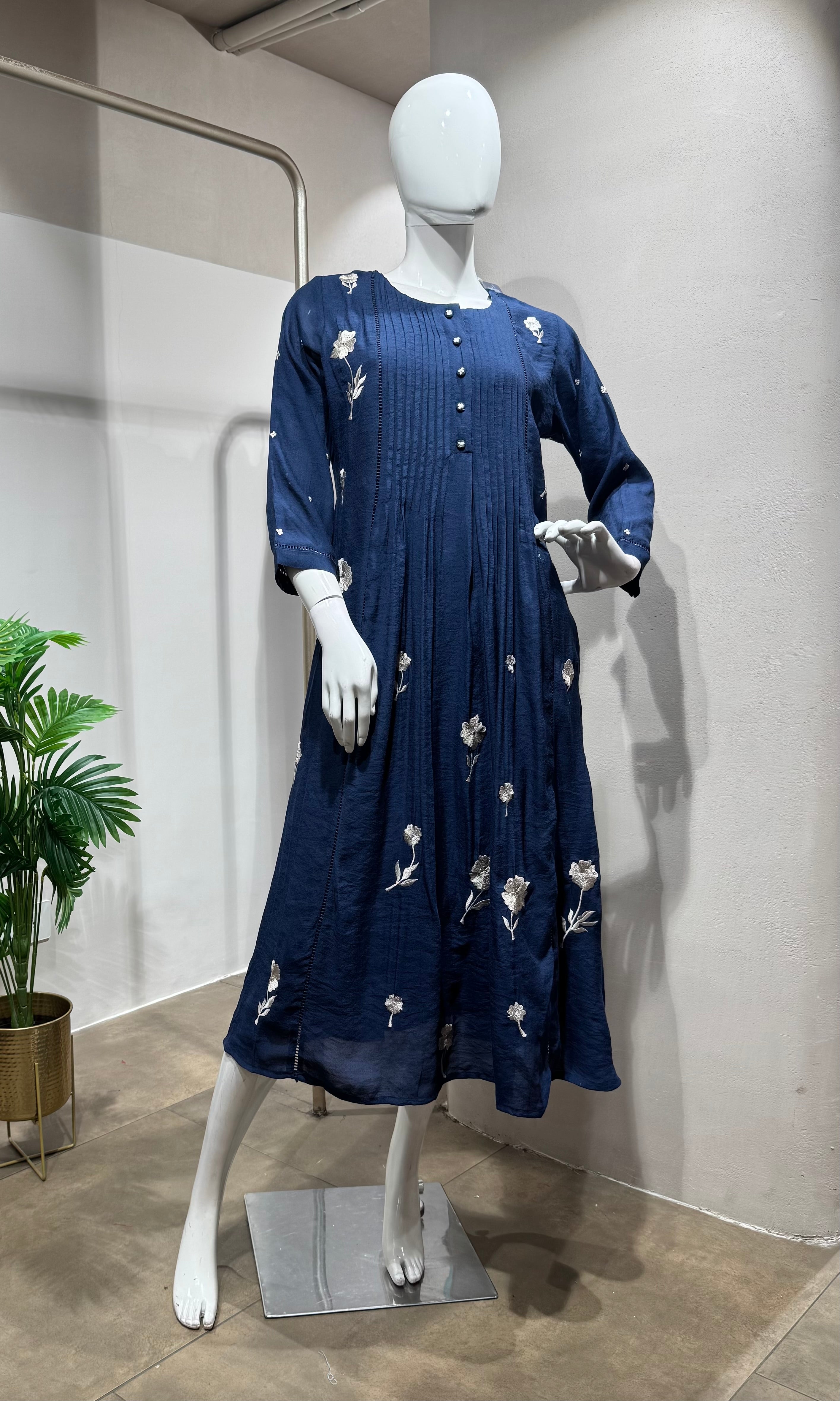 Navy Blue Pleated Cotton Kurta