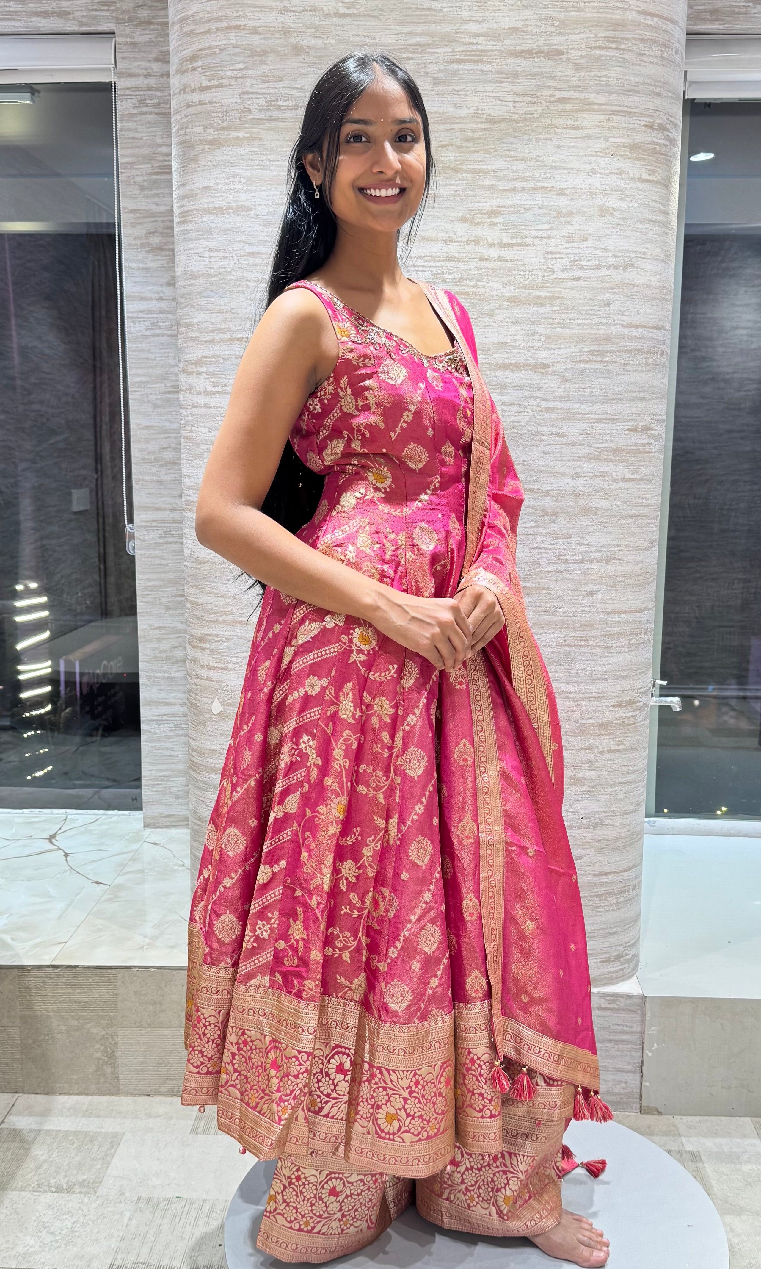 pink banarasi anarkali sharara set