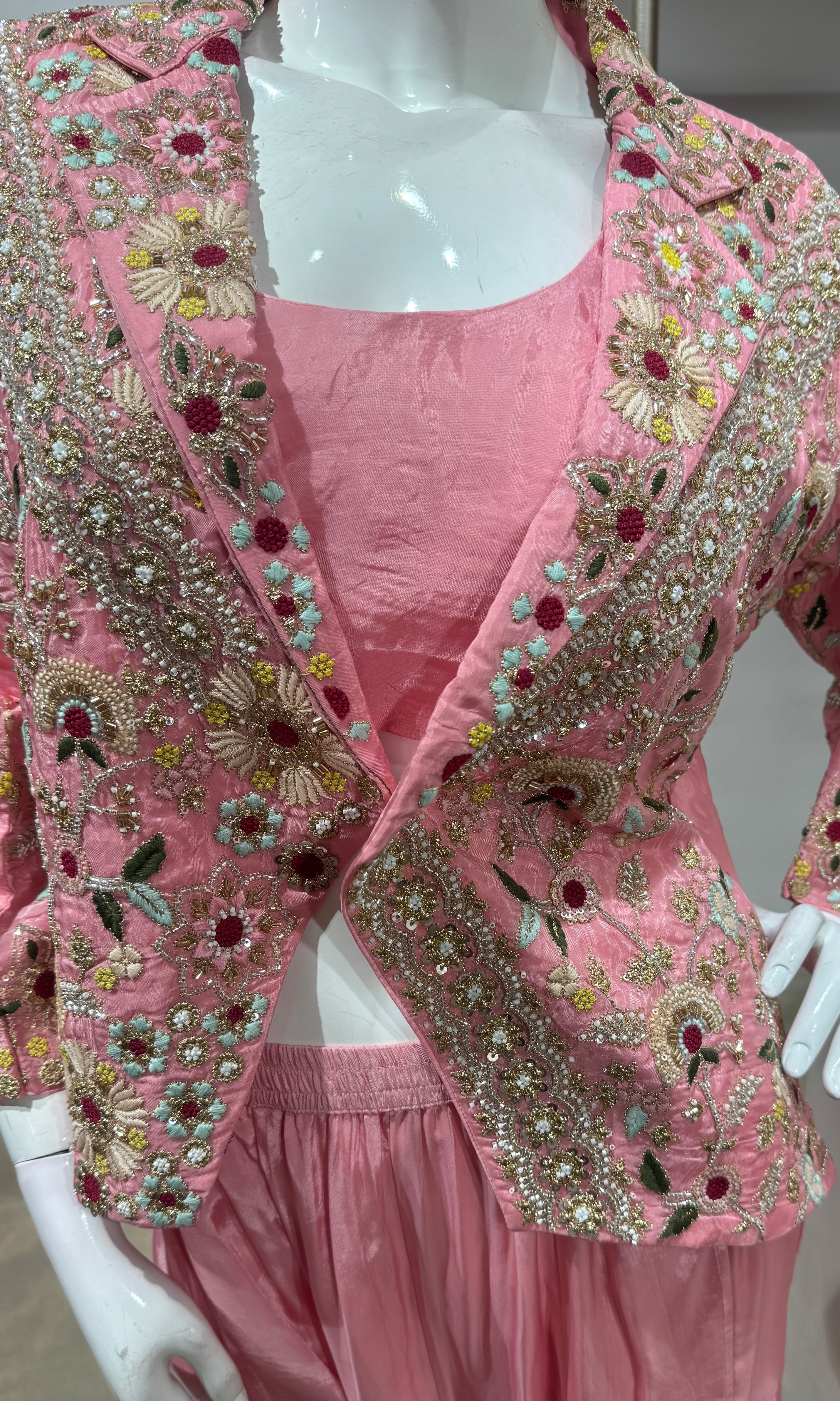 Pink Floral Embroidered Jacket palazzo Suit
