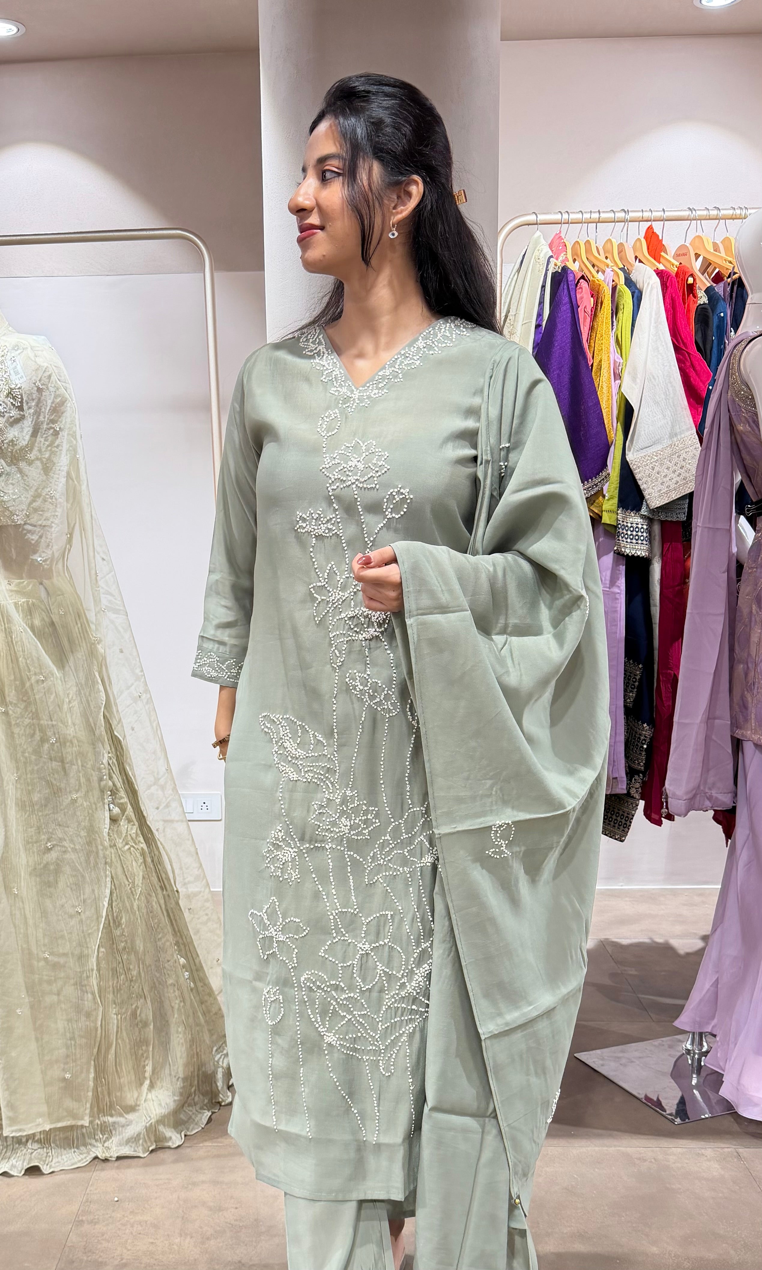 LIGHT Green Floral Embroidered KURTA SET