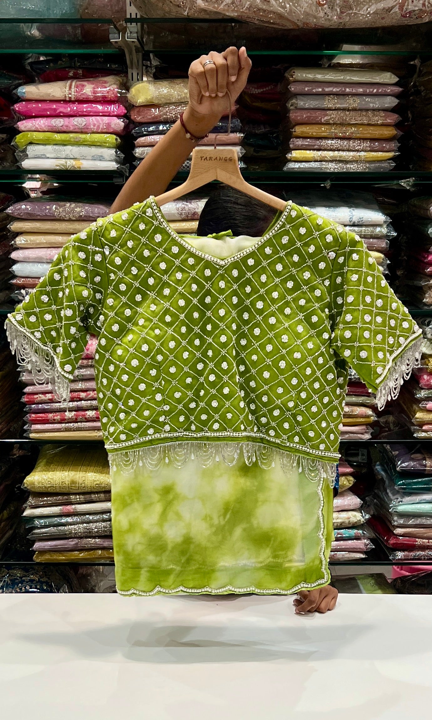 Green Tie and Dye saree with ready blouse