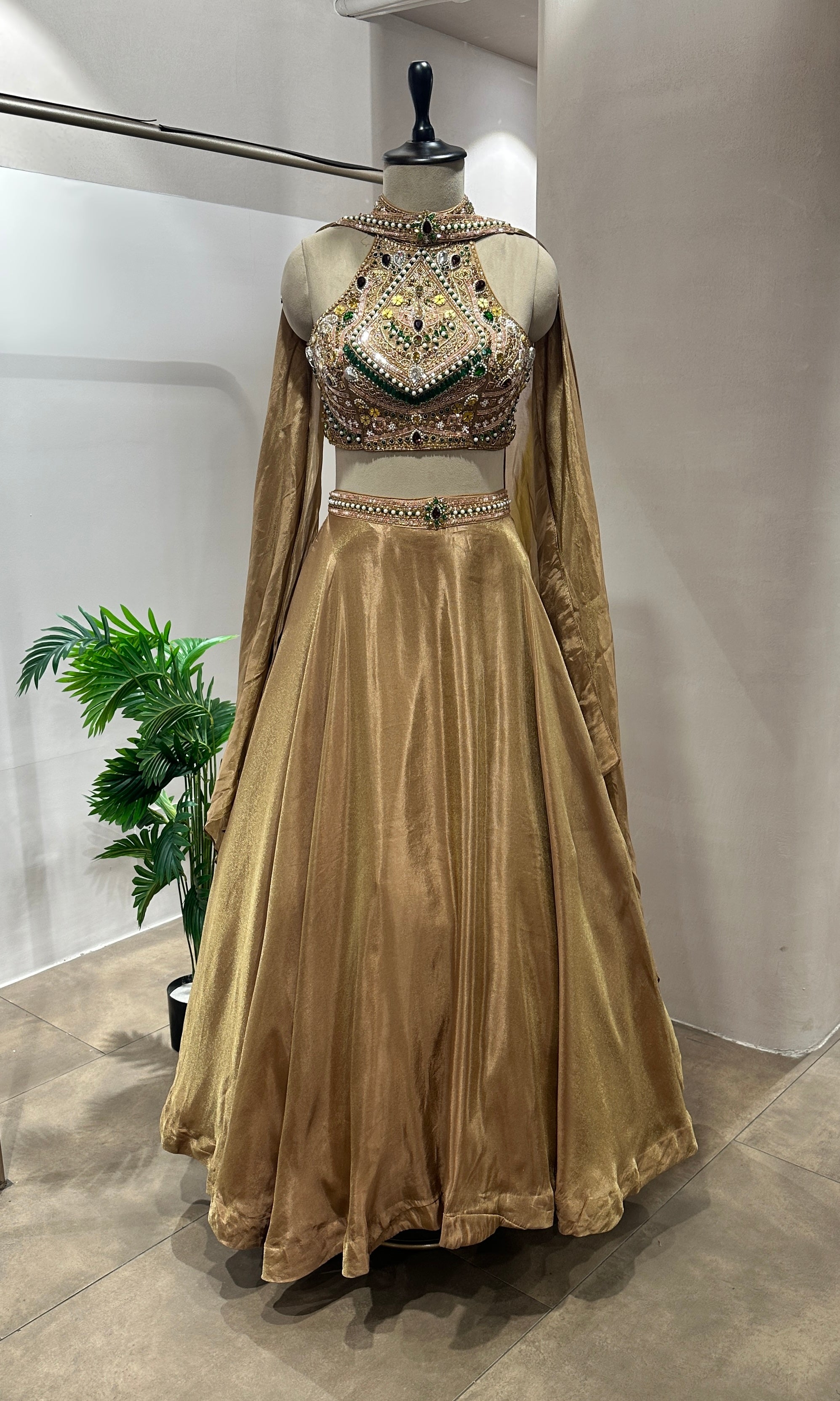 Golden lehenga with embellished halter neck