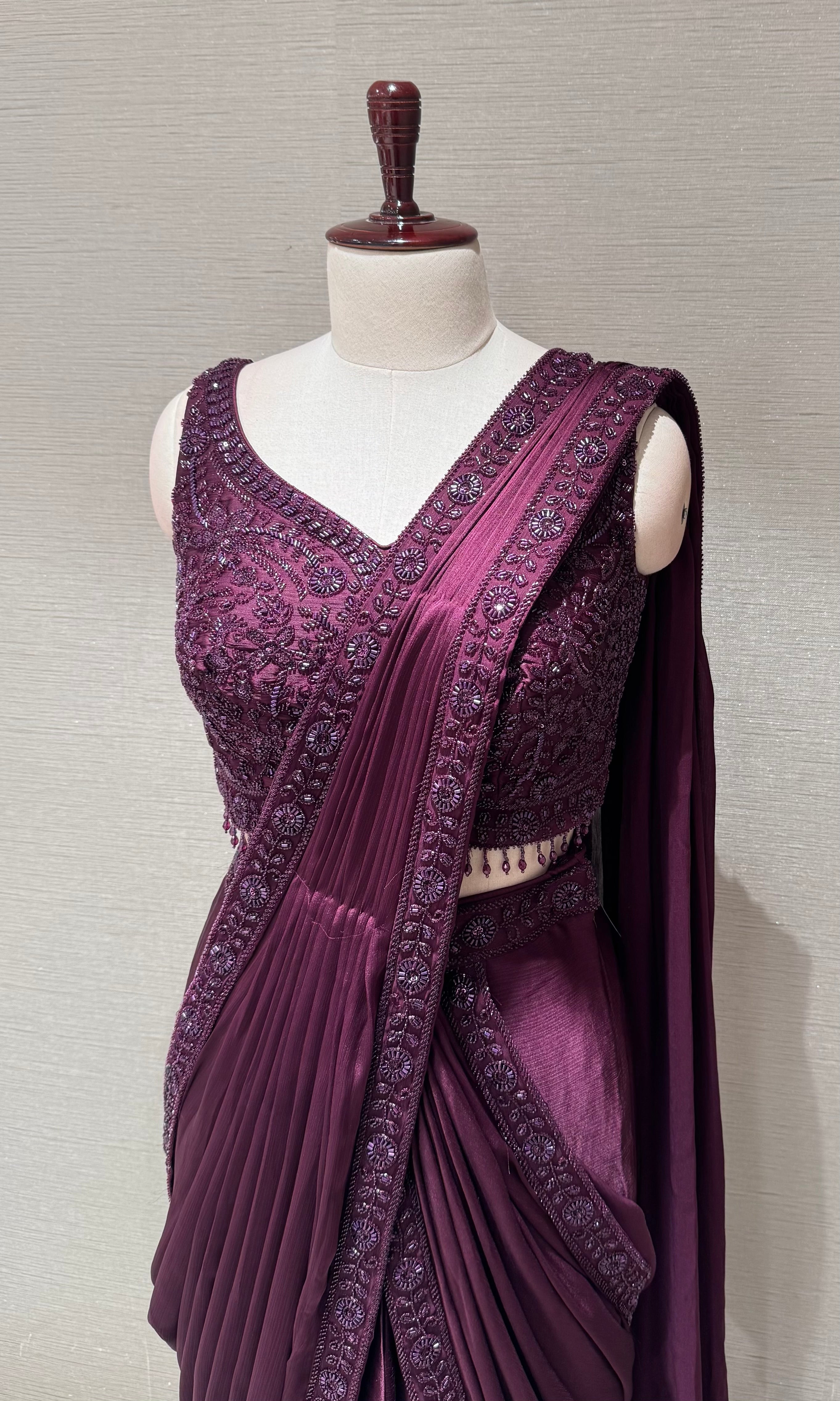 Royal Wine Embellished Drapee Saree with blouse
