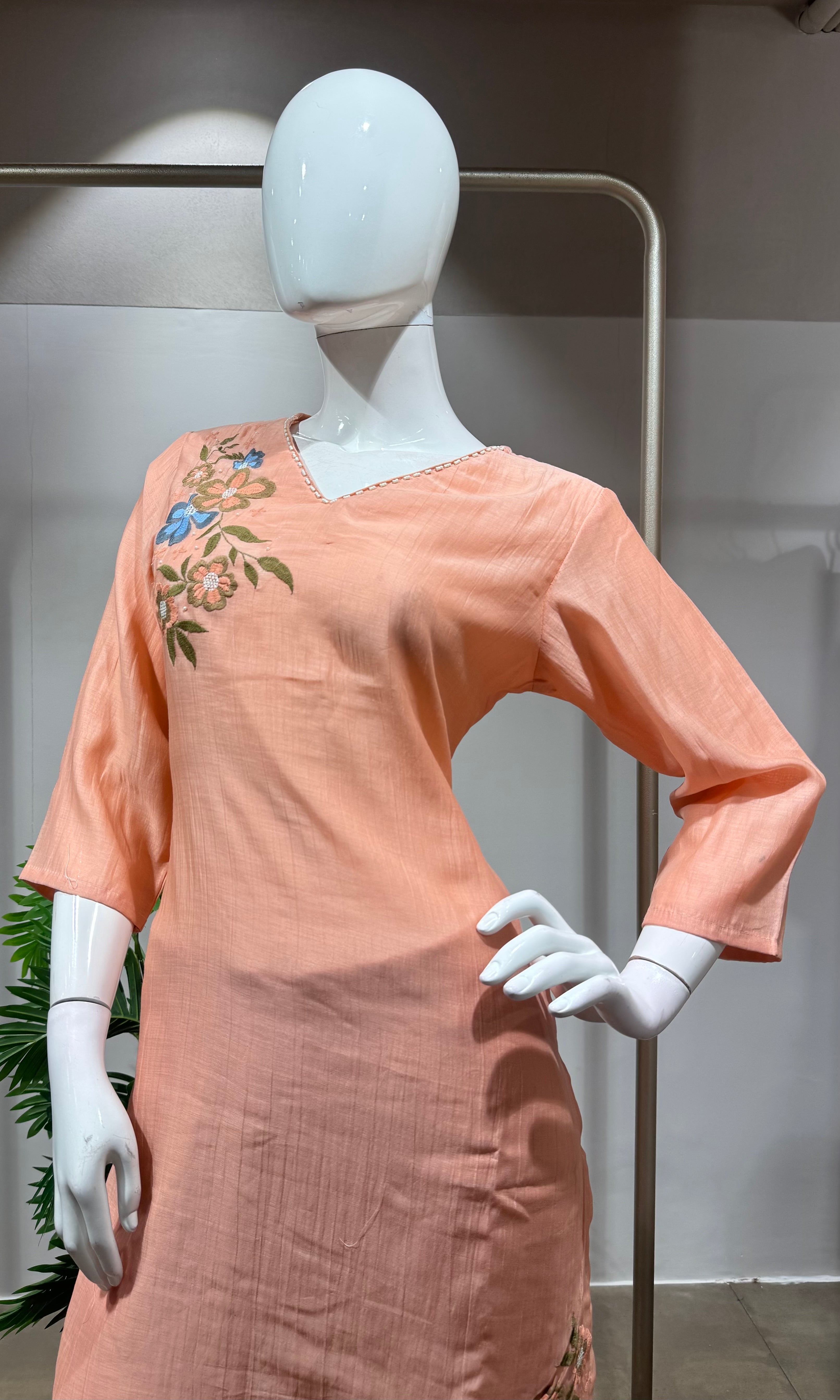 Peach Silk Kurti Set with French Knot