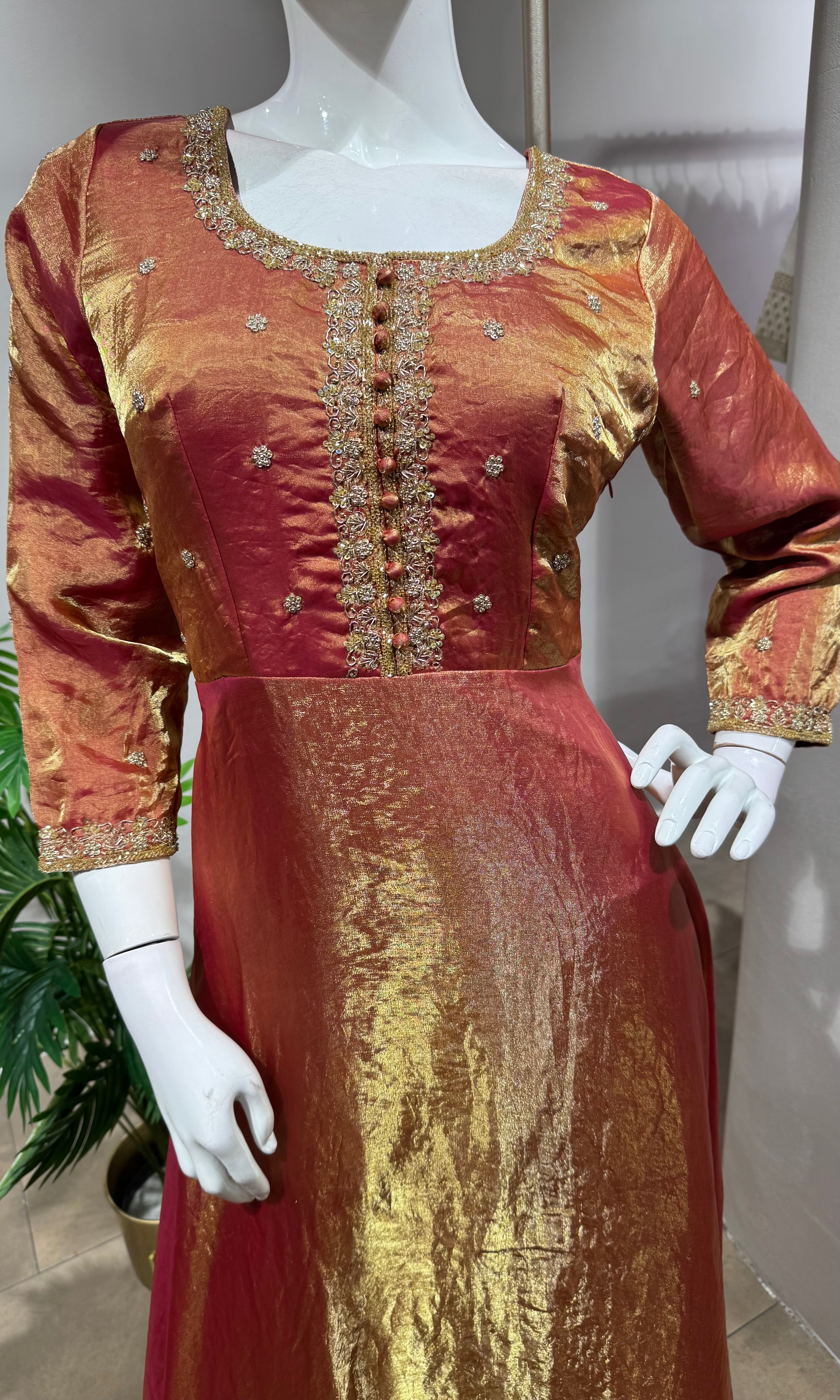 Shimmering RUST-Gold Silk Tissue Anarkali Set