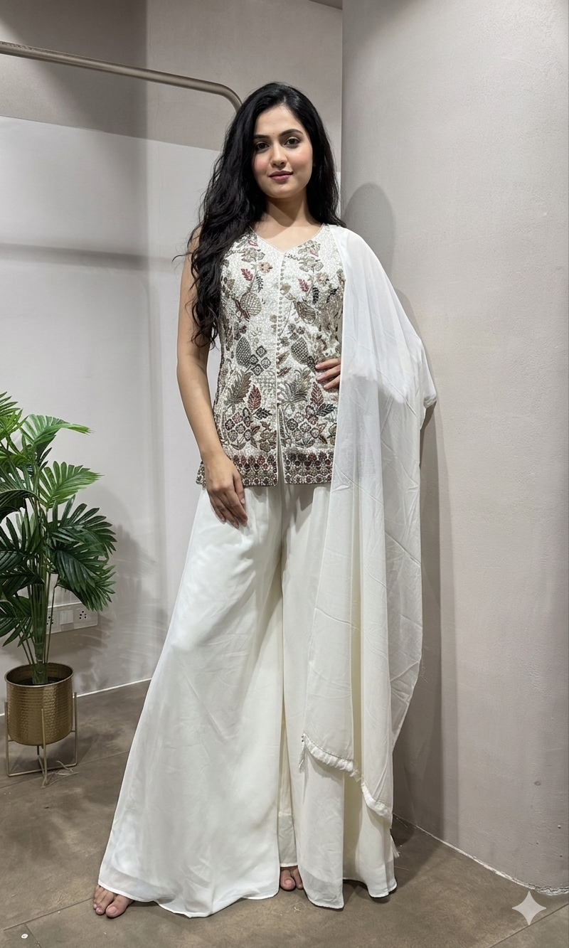 white embroidered kurti with palazzo set