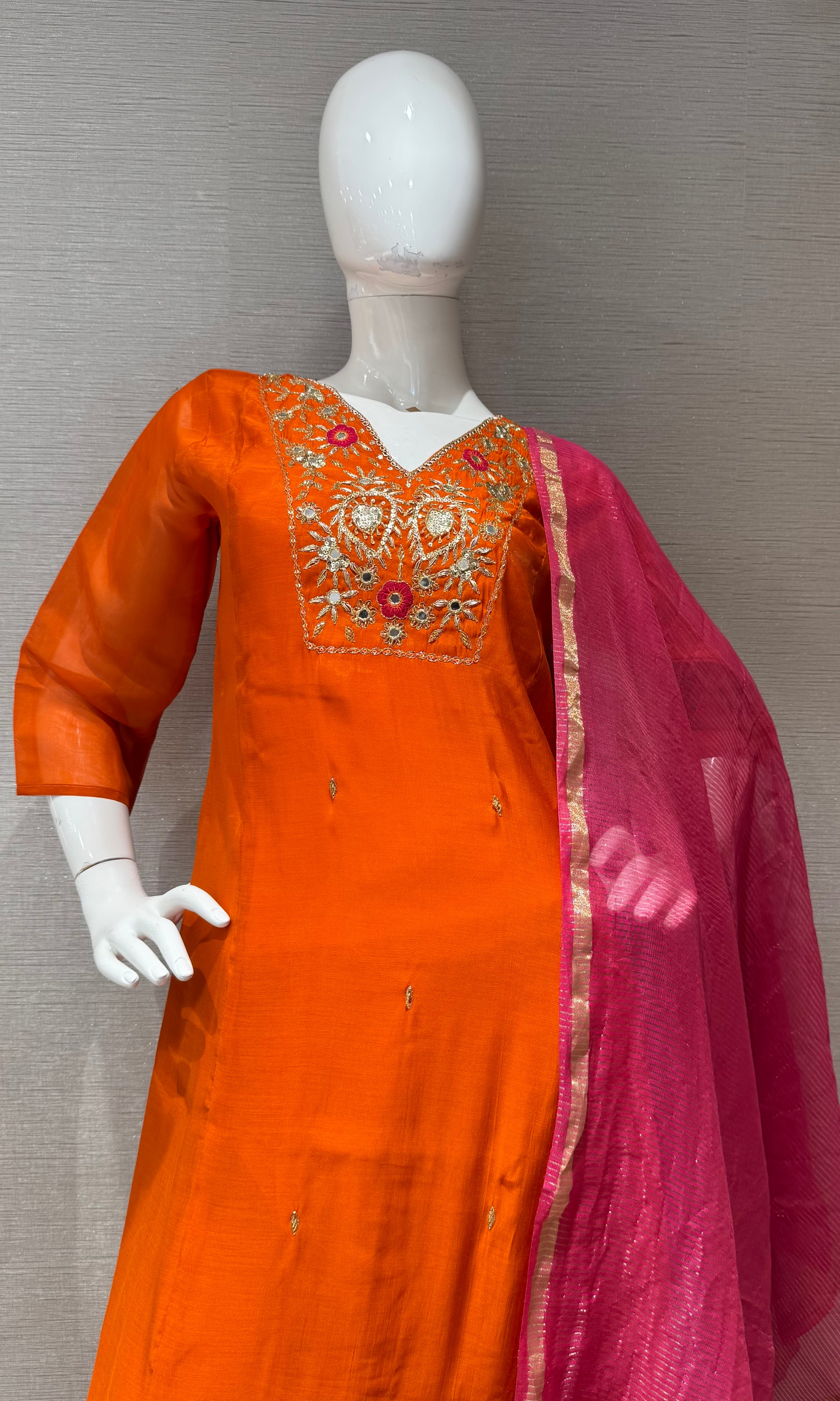 Orange Silk Salwar Suit Set with Contrasting Pink Dupatta