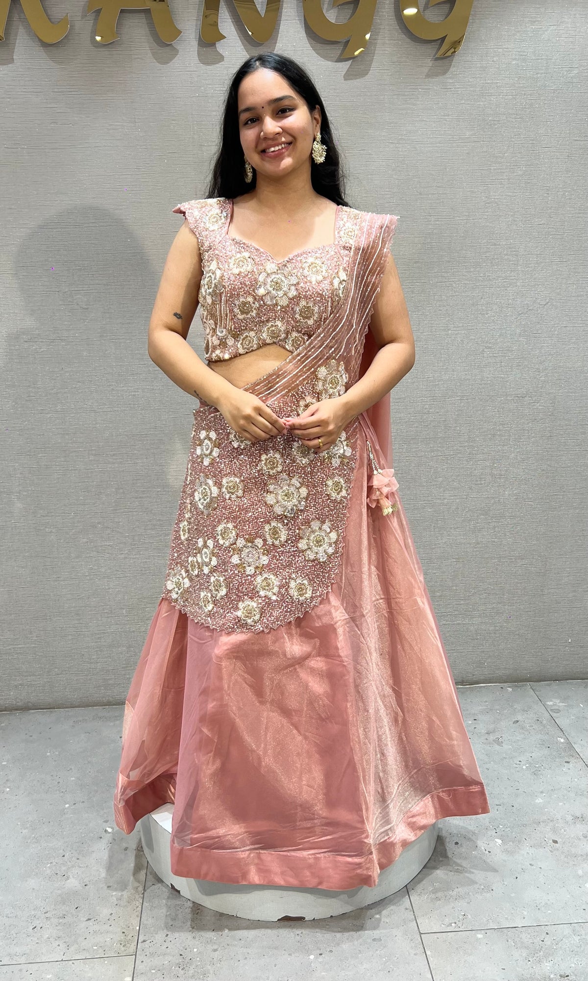 Peach Soft tissue Sequinned Mermaid Lehenga set