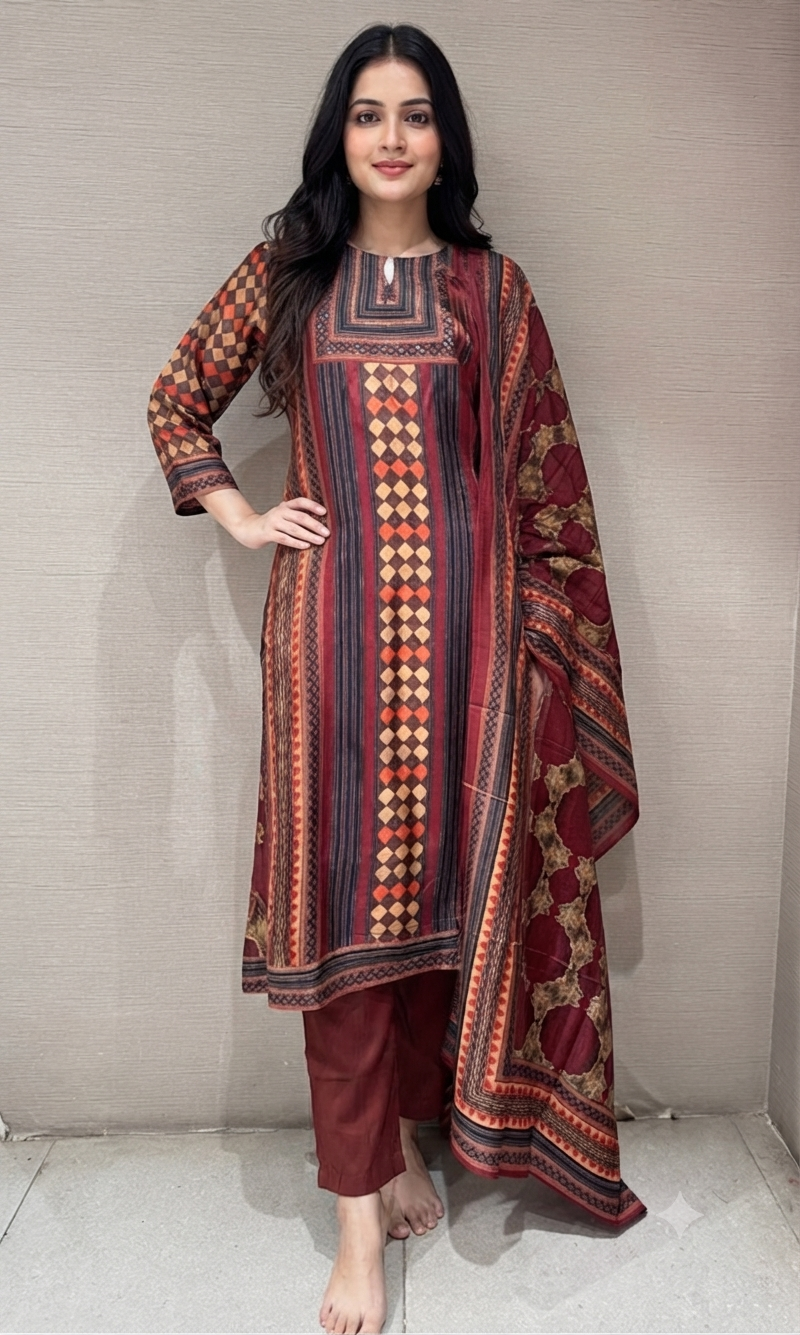 Rust Geometric Printed Kurta Set
