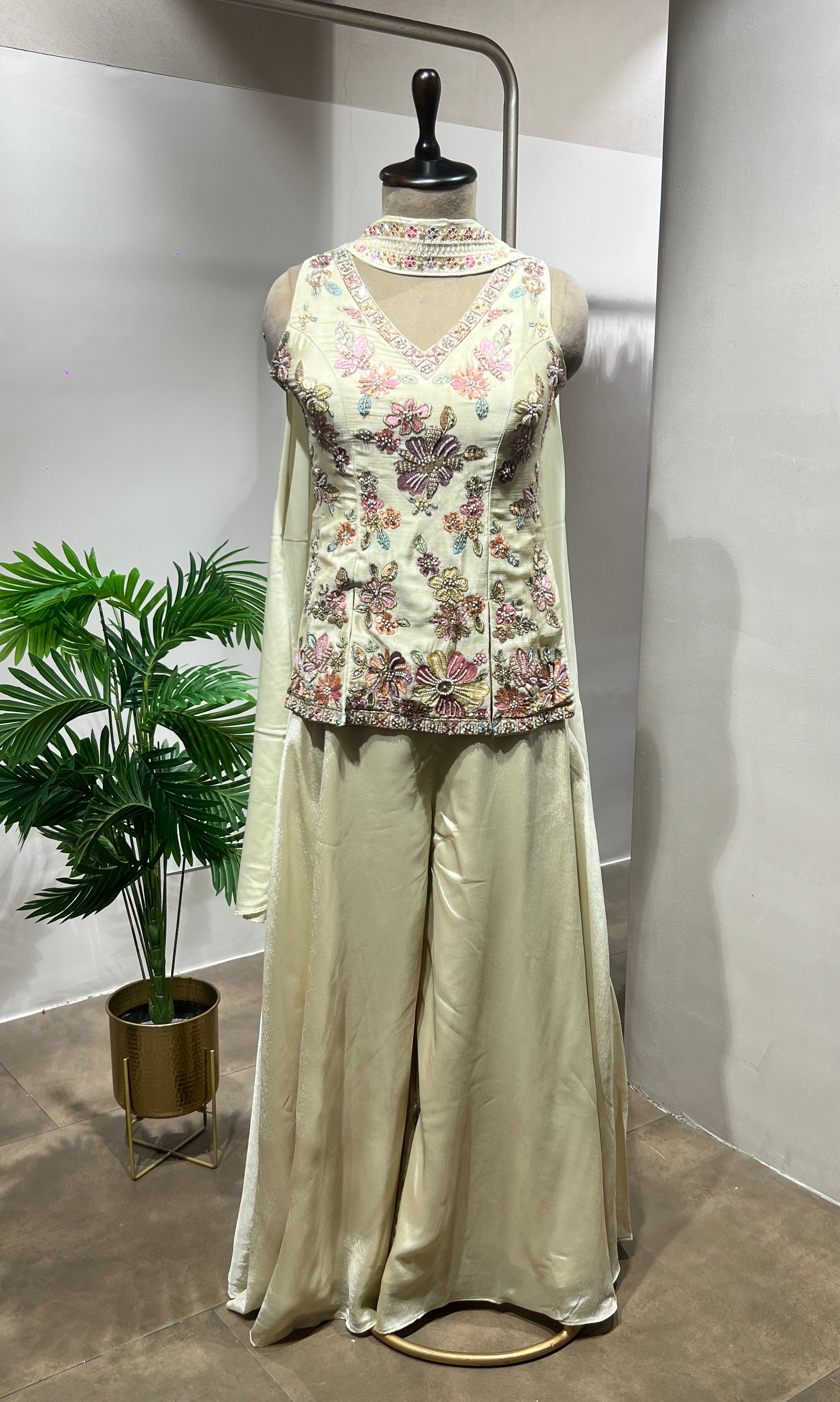 Cream Floral Embroidered Palazzo Suit