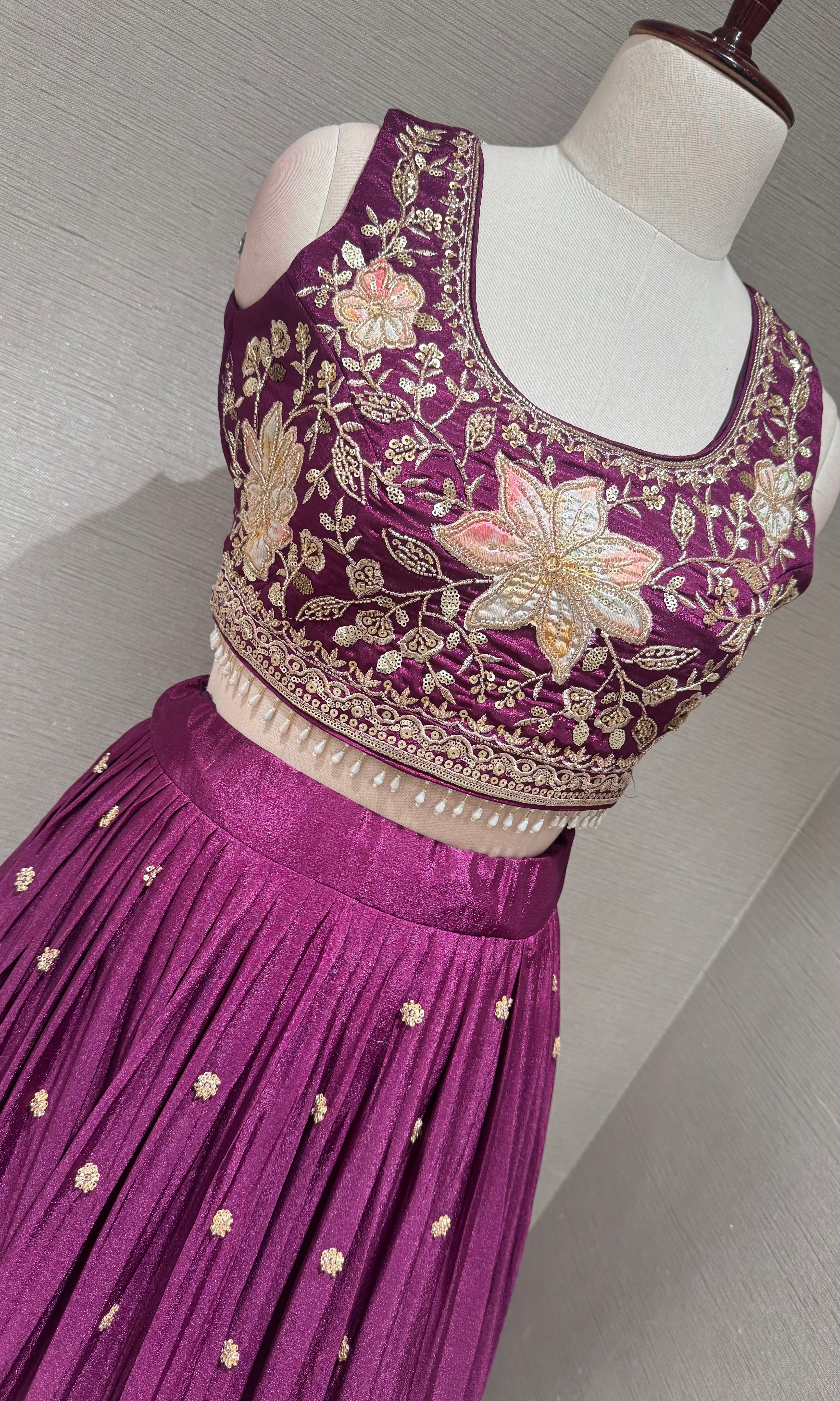 Wine Tissue silk Floral embroidered lehenga set