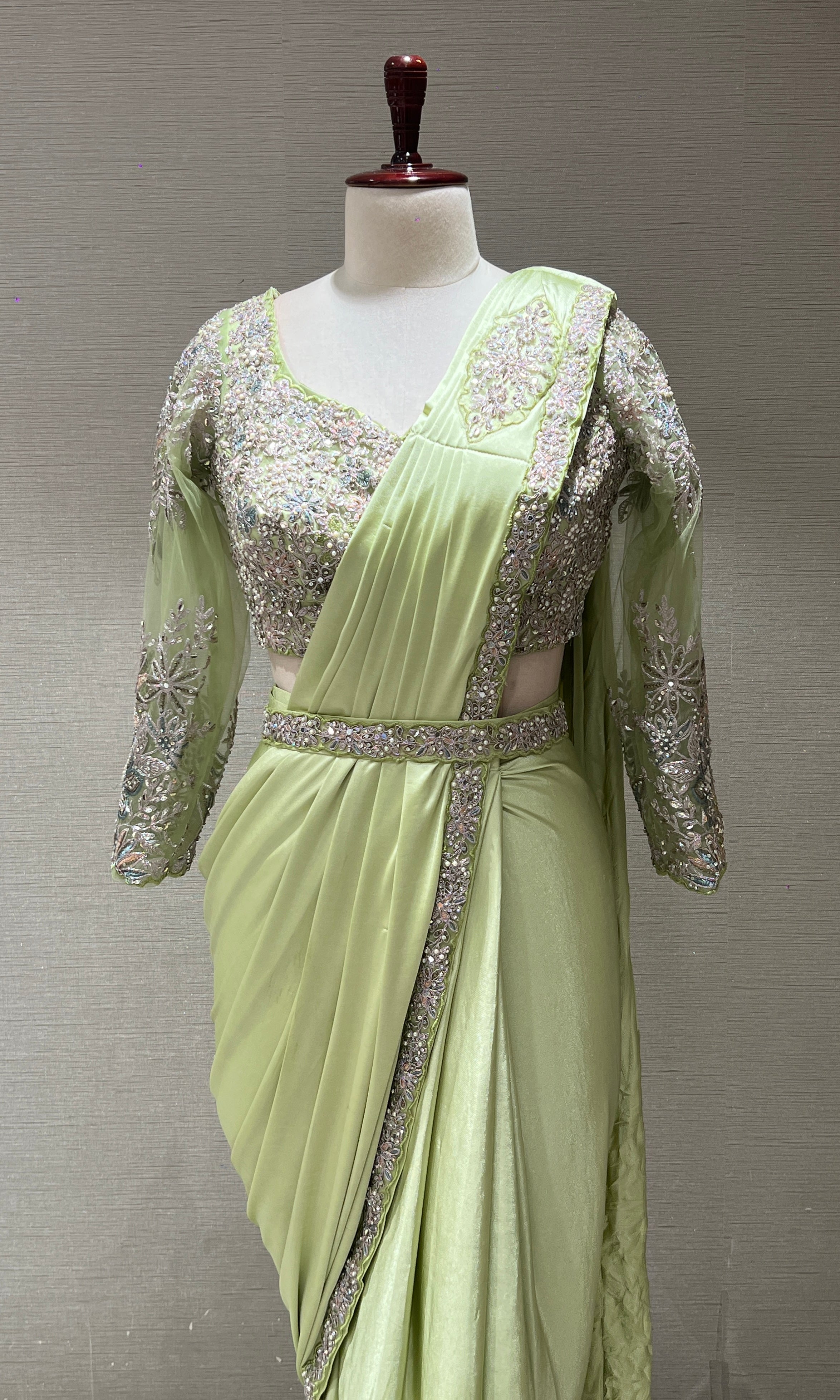 GREEN DRAPE SAREE WITH FLORAL BLOUSE & BELT
