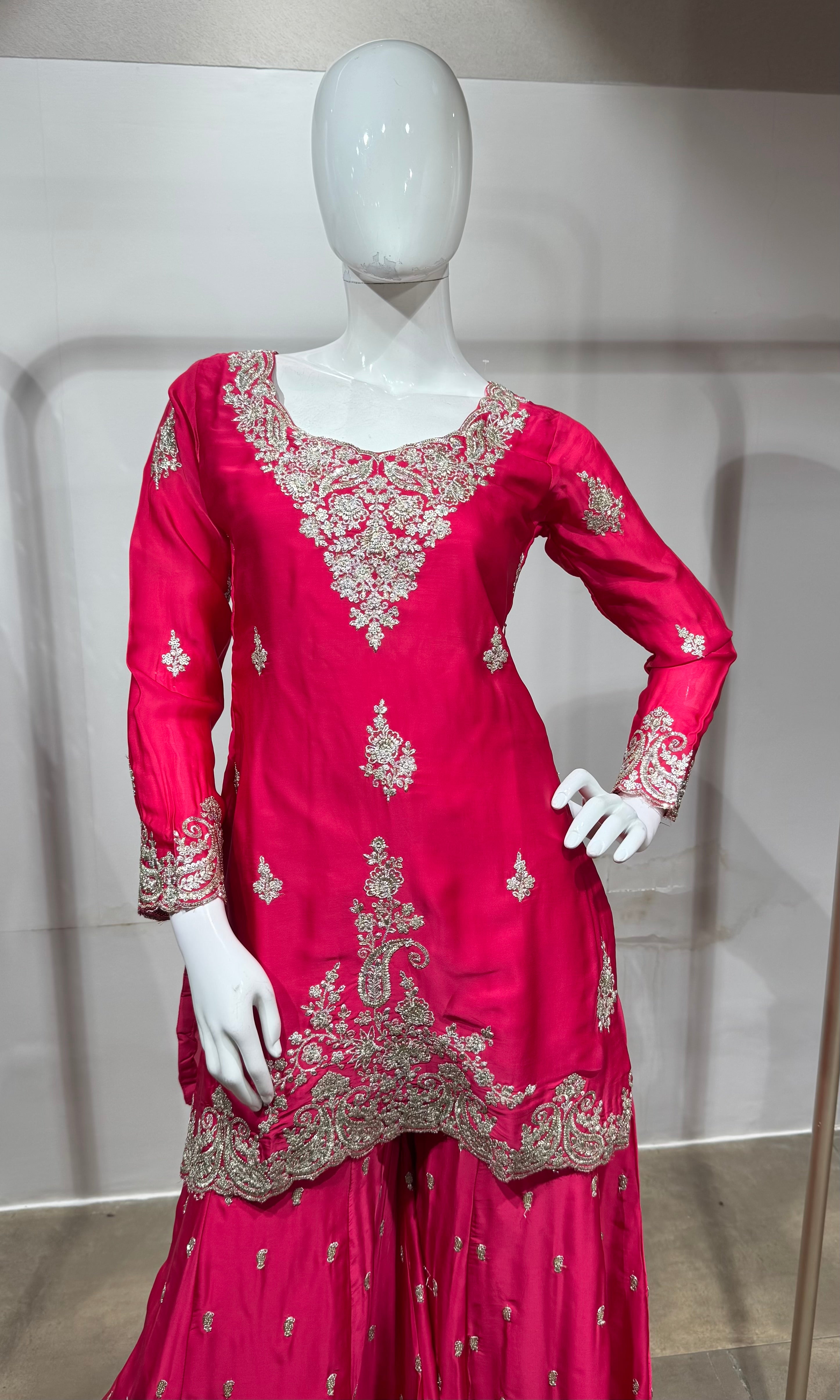 Rani Pink Silk Embroidered Sharara Set