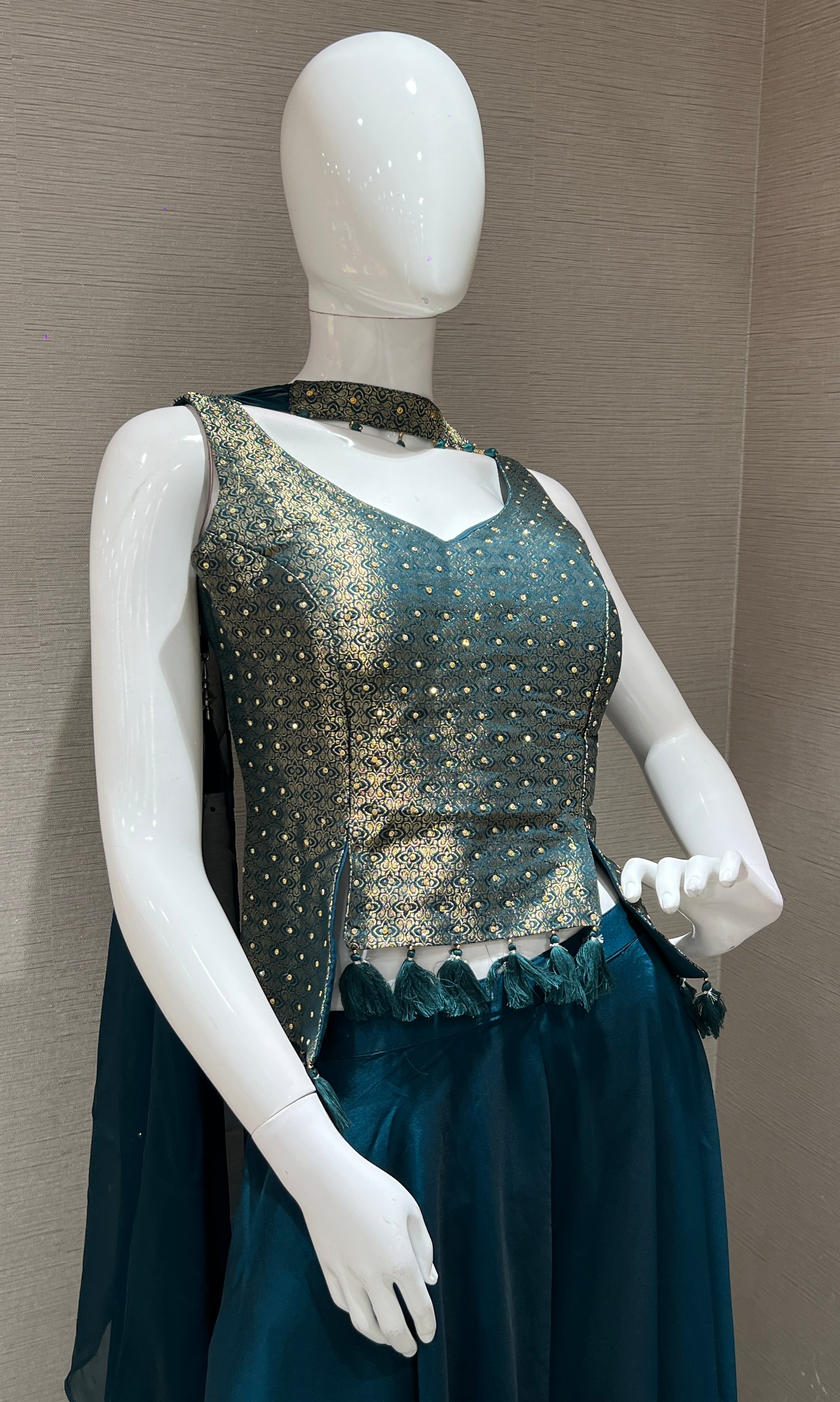 Bottle Green and Gold Sequined Palazoo Set