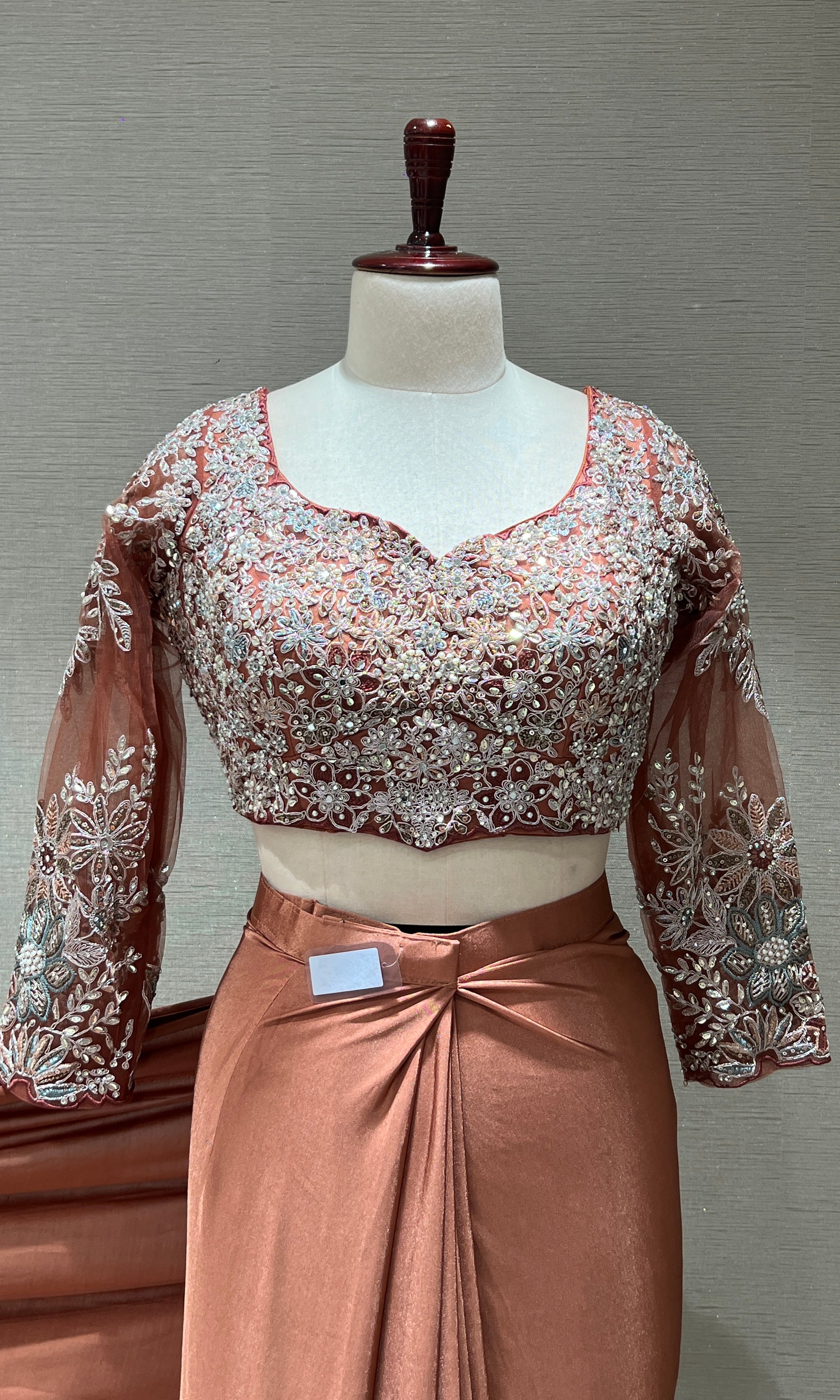 RUST DRAPE SAREE WITH FLORAL BLOUSE & BELT