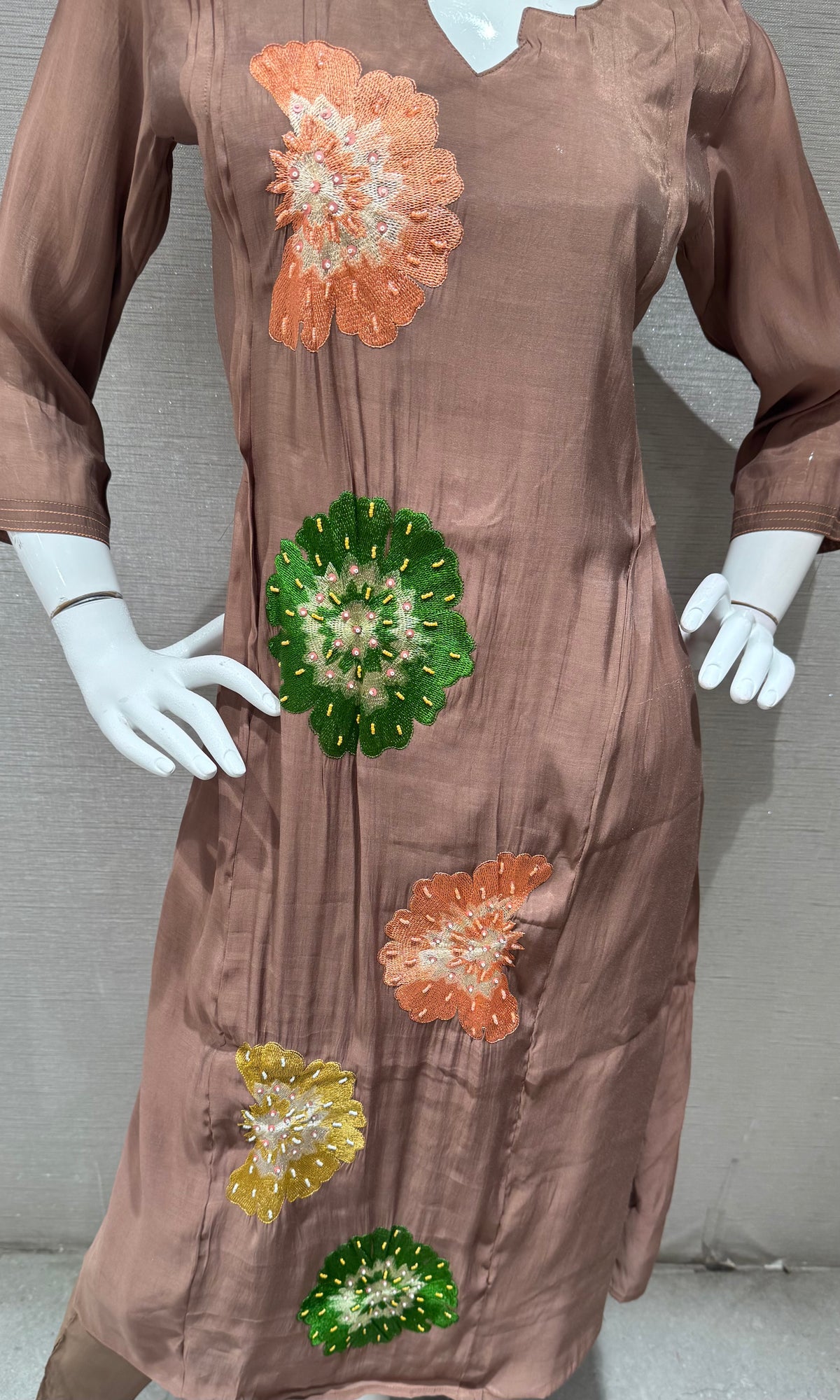 Light Brown cotton silk Floral Motif Kurta set with dupatta