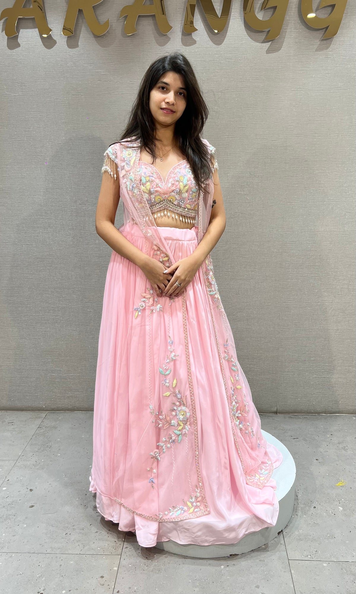 Blush Pink Floral Embroidered Crop Top Lehenga