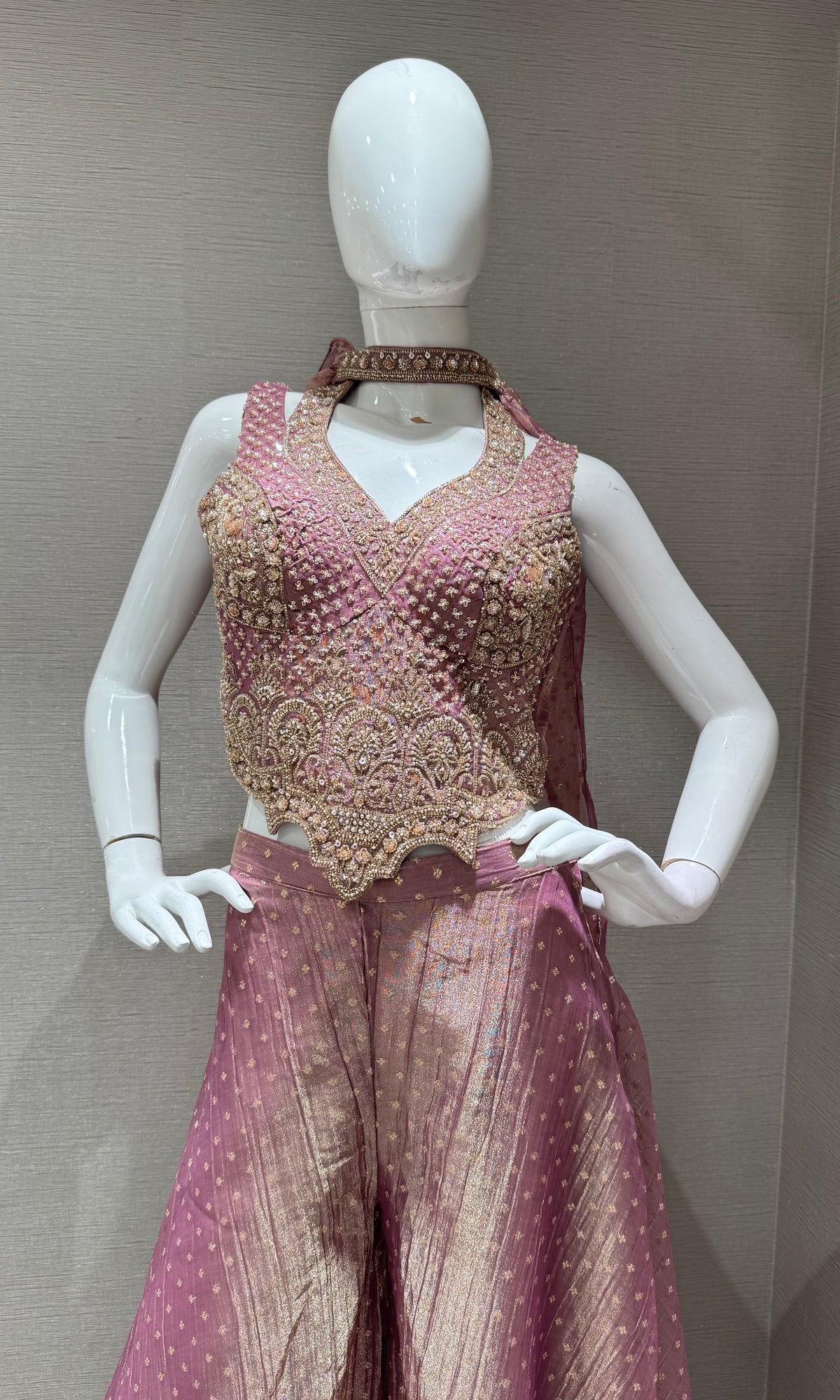 Mauve Zari Embroidered tissue silk Palazzo set