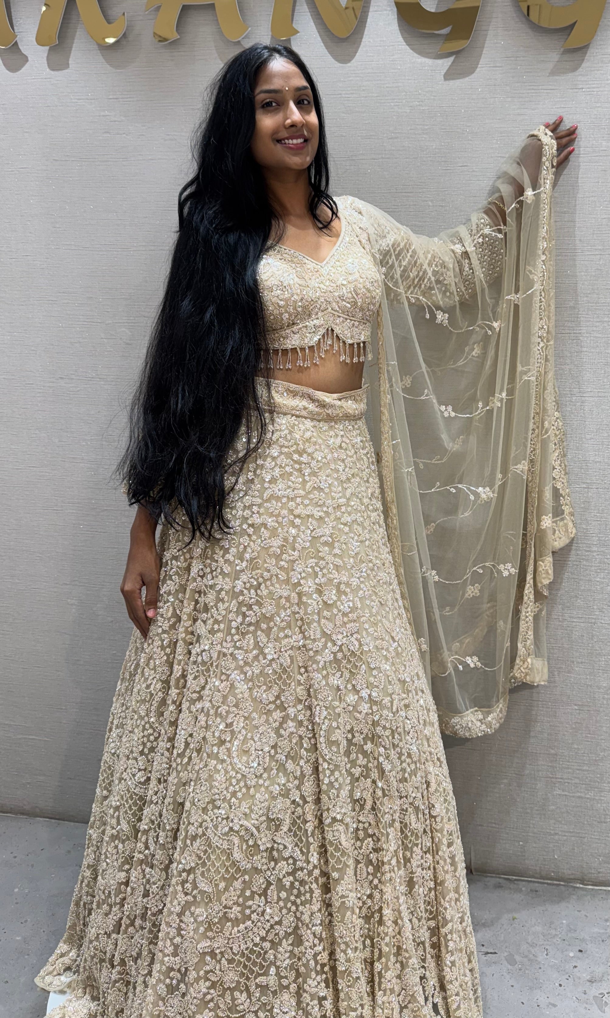 Ivory Net Sequin Embroidered Lehenga Set