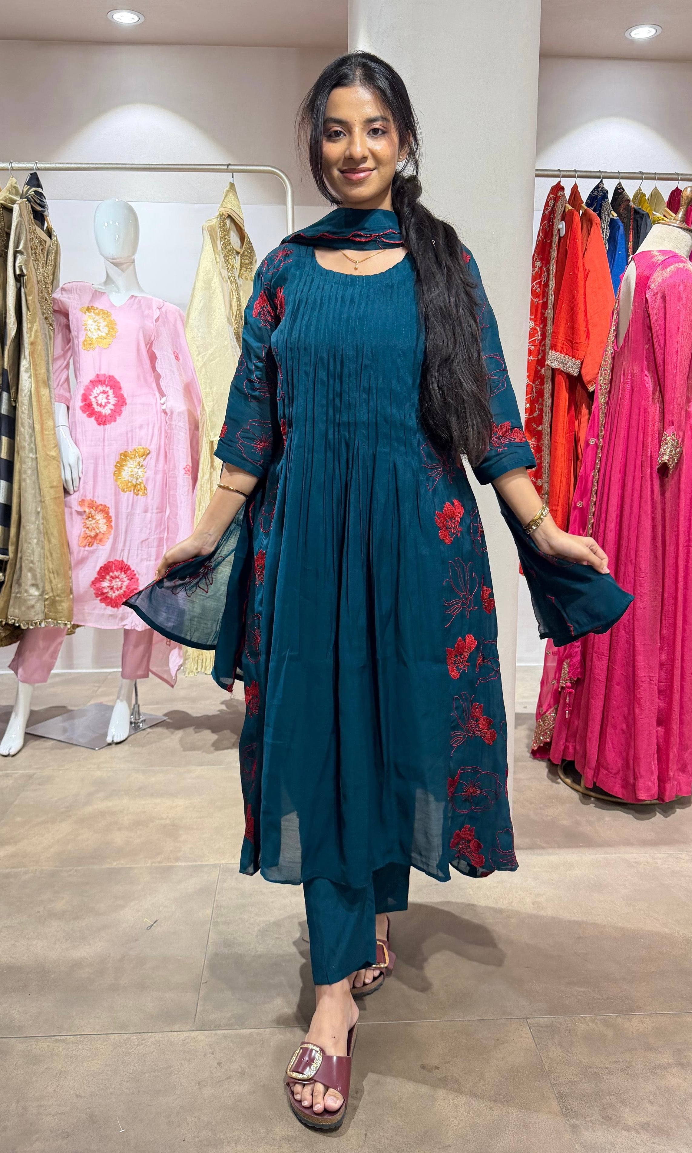 Blue Floral Embroidered Kurta Set with Dupatta