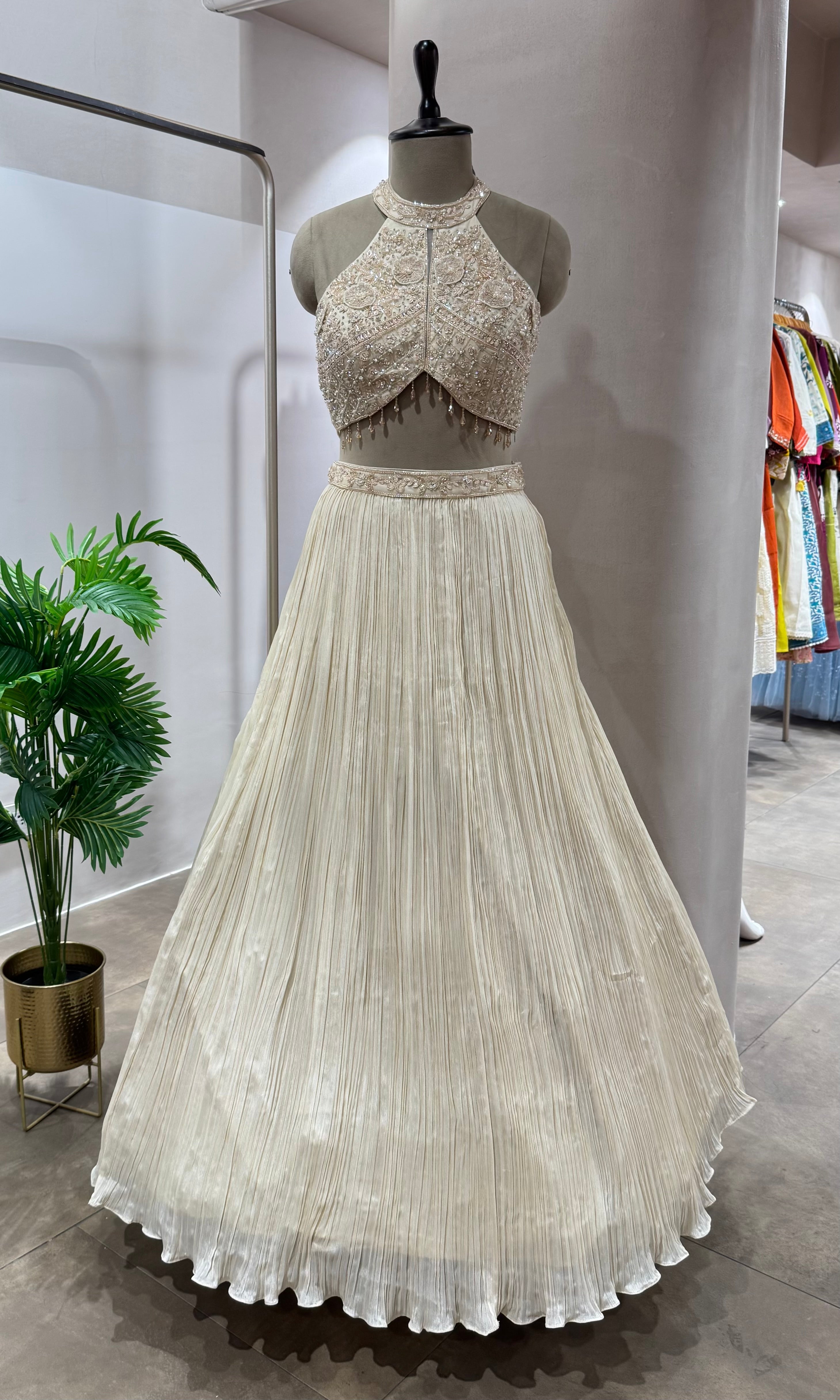 CREAM HALTER NECK CRYSTAL WORK BLOUSE WITH CAPE