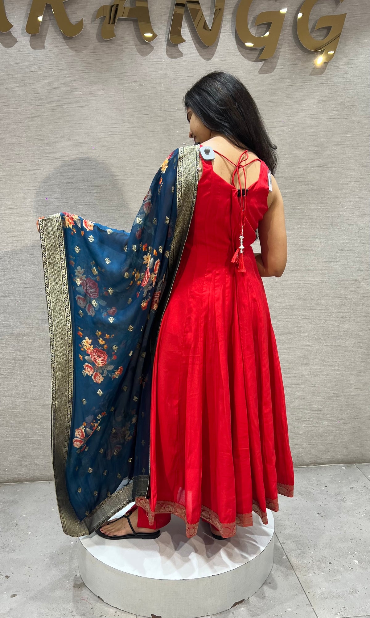 Red Georgette Anarkali Set with Blue Floral Dupatta