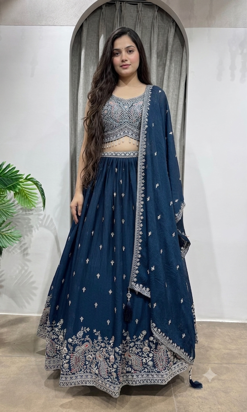 Navy Blue lehenga with intricate silver embroidery