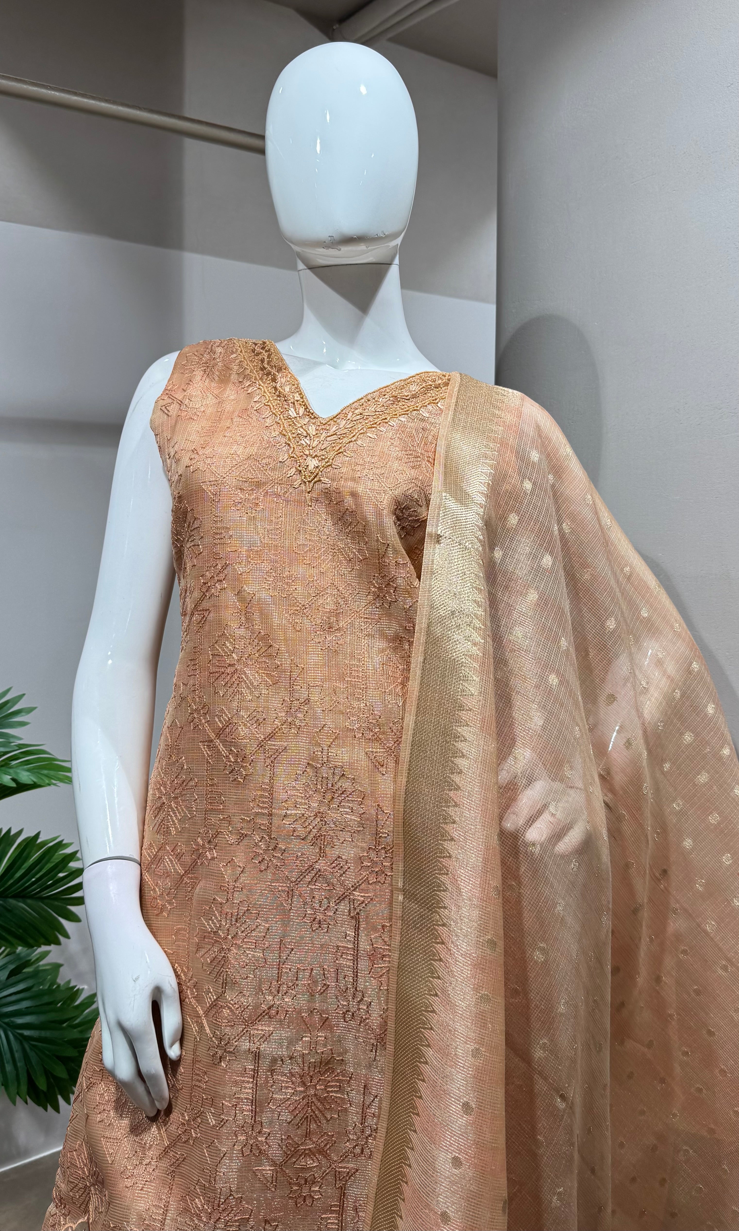 Peach Shimmer Tissue Suit with DUPATTA
