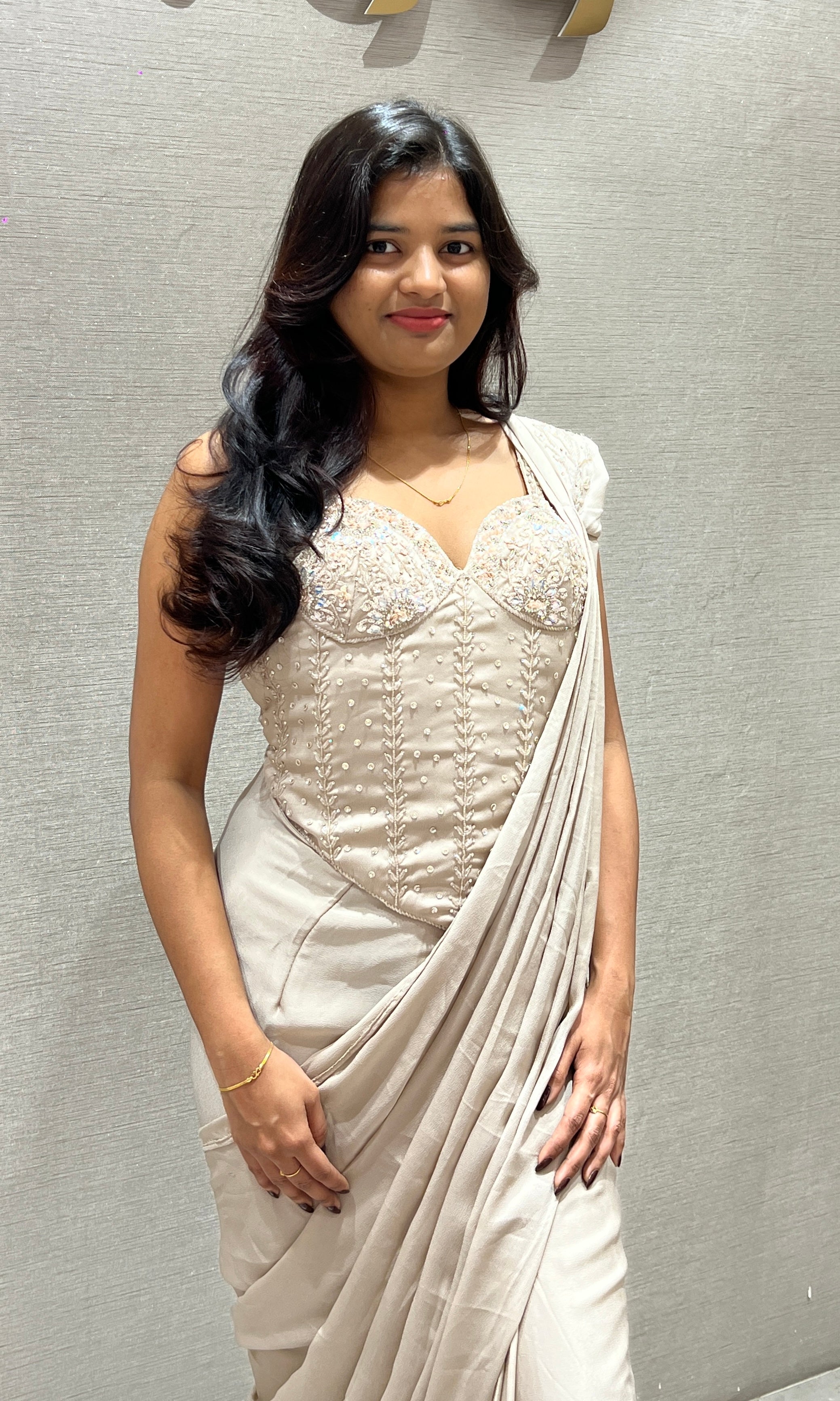 Beigh Drape Saree with Embroidered Corset Top