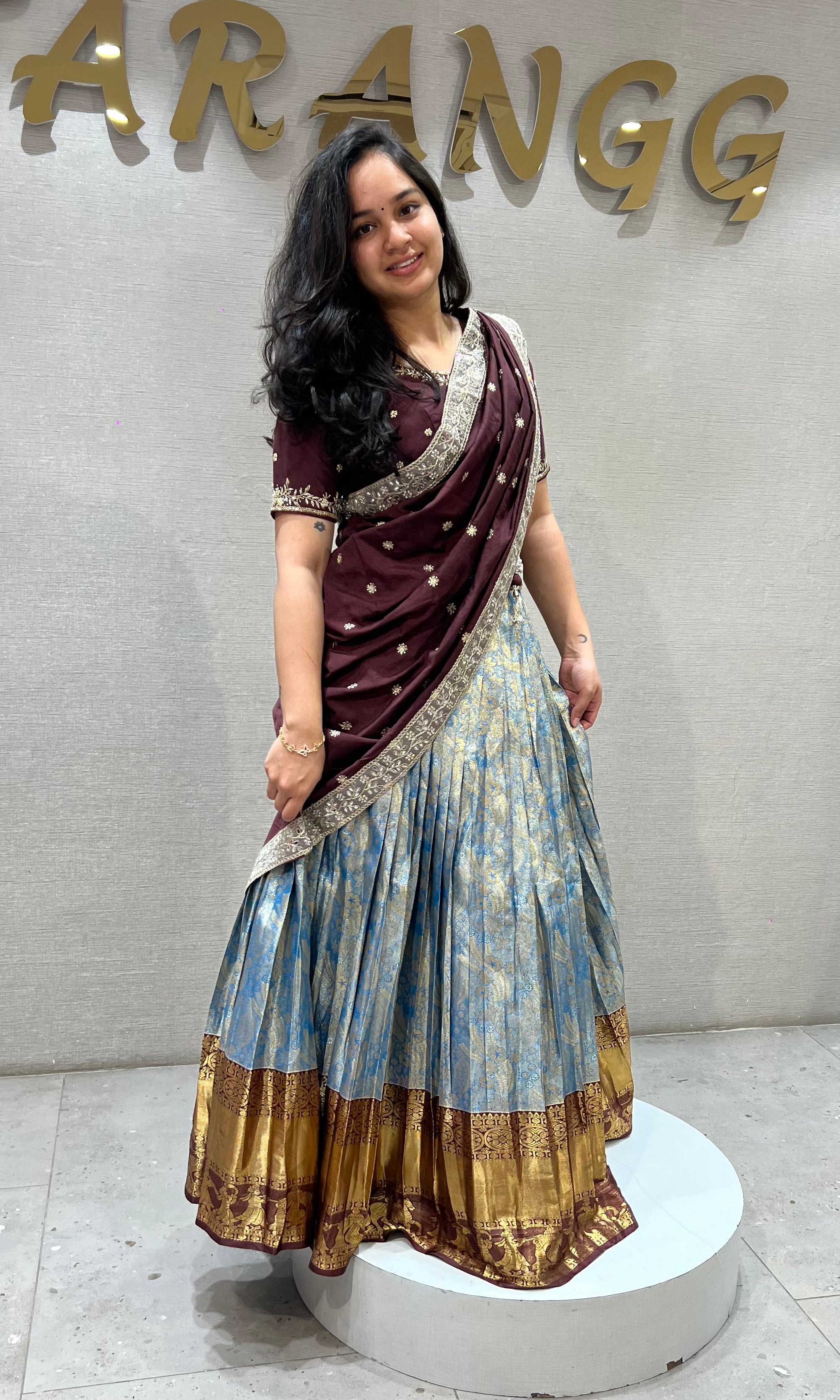 Brown BLUE BANARASI PATTU LEHENGA WITH EMBROIDERED BLOUSE