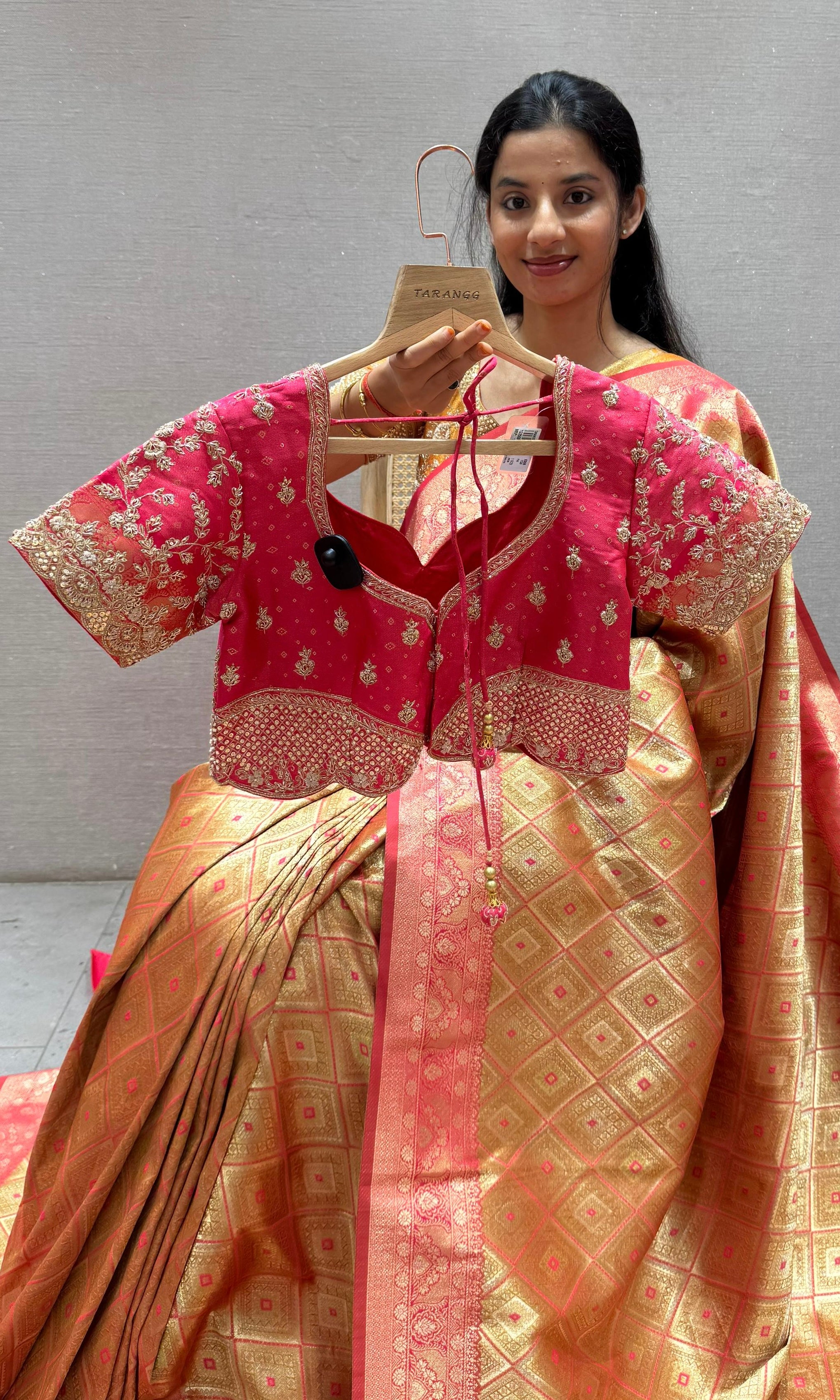 Pink saree with ready blouse