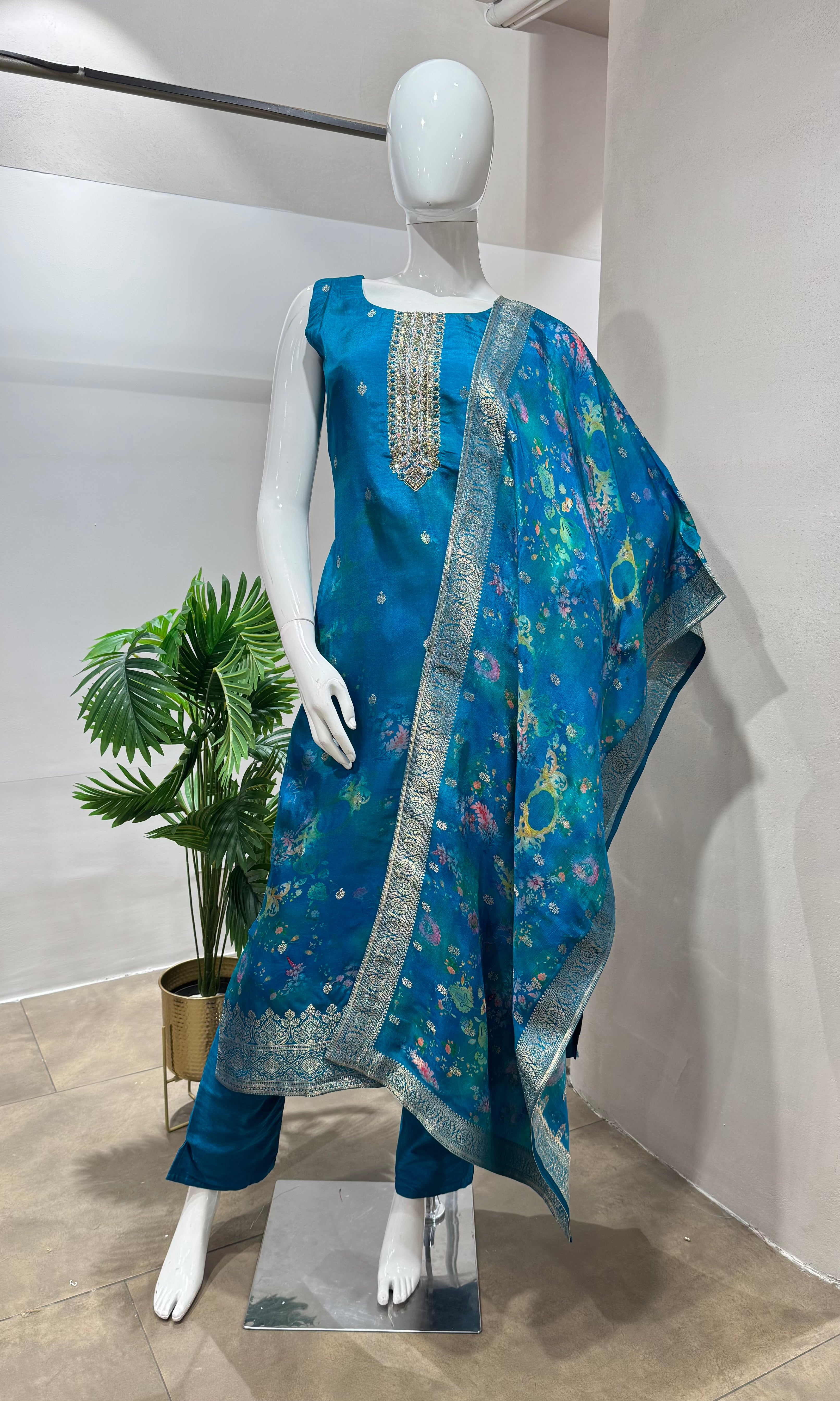 Rama blue EMBROIDERED KURTA SET