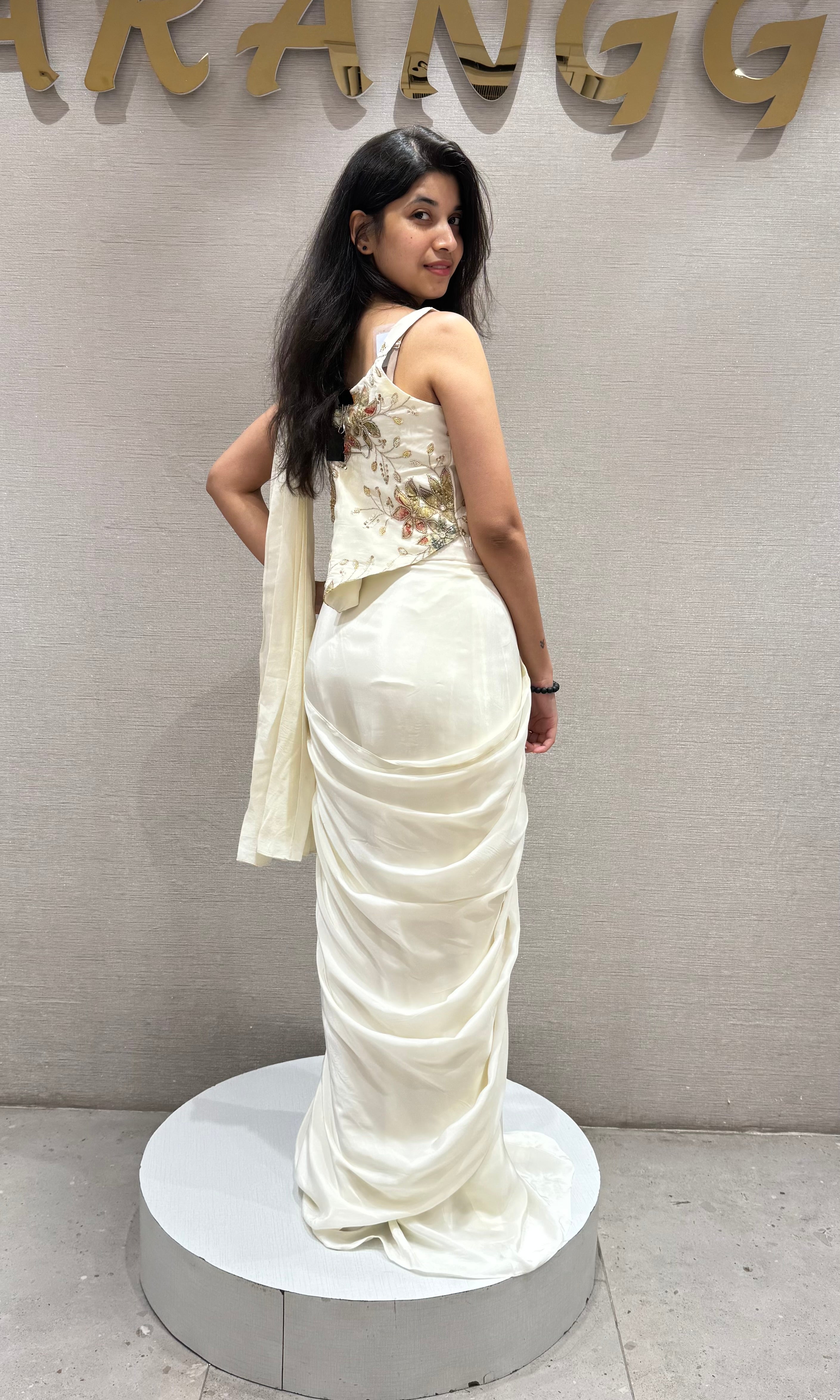 Cream drape saree WITH FLORAL BLOUSE