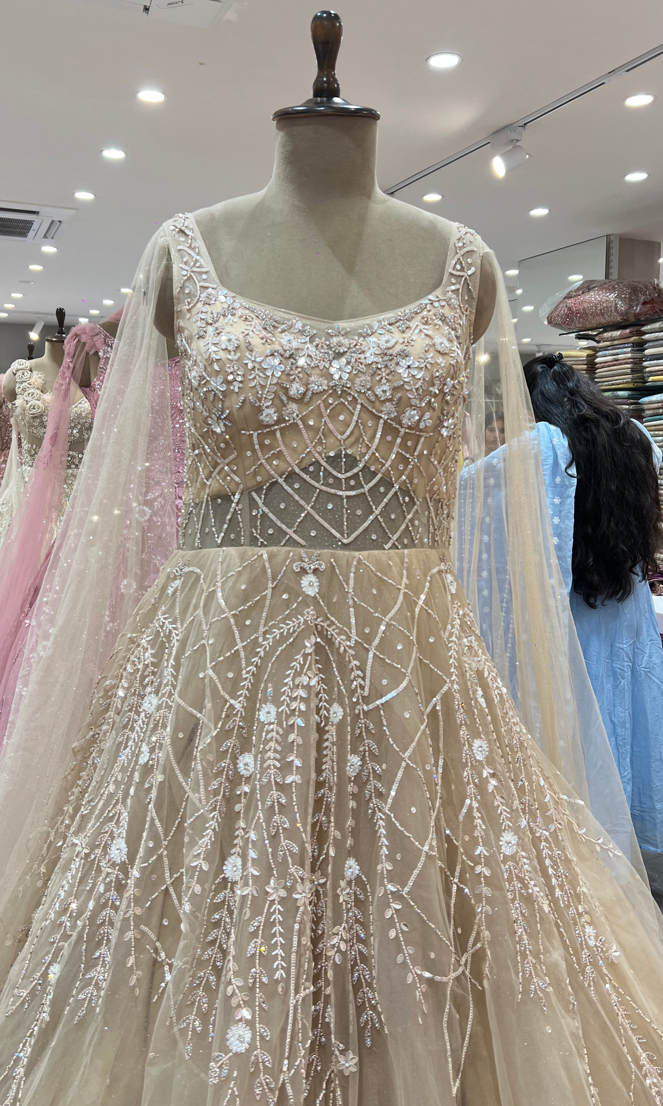 BEIGE CRYSTAL WORK NET GOWN