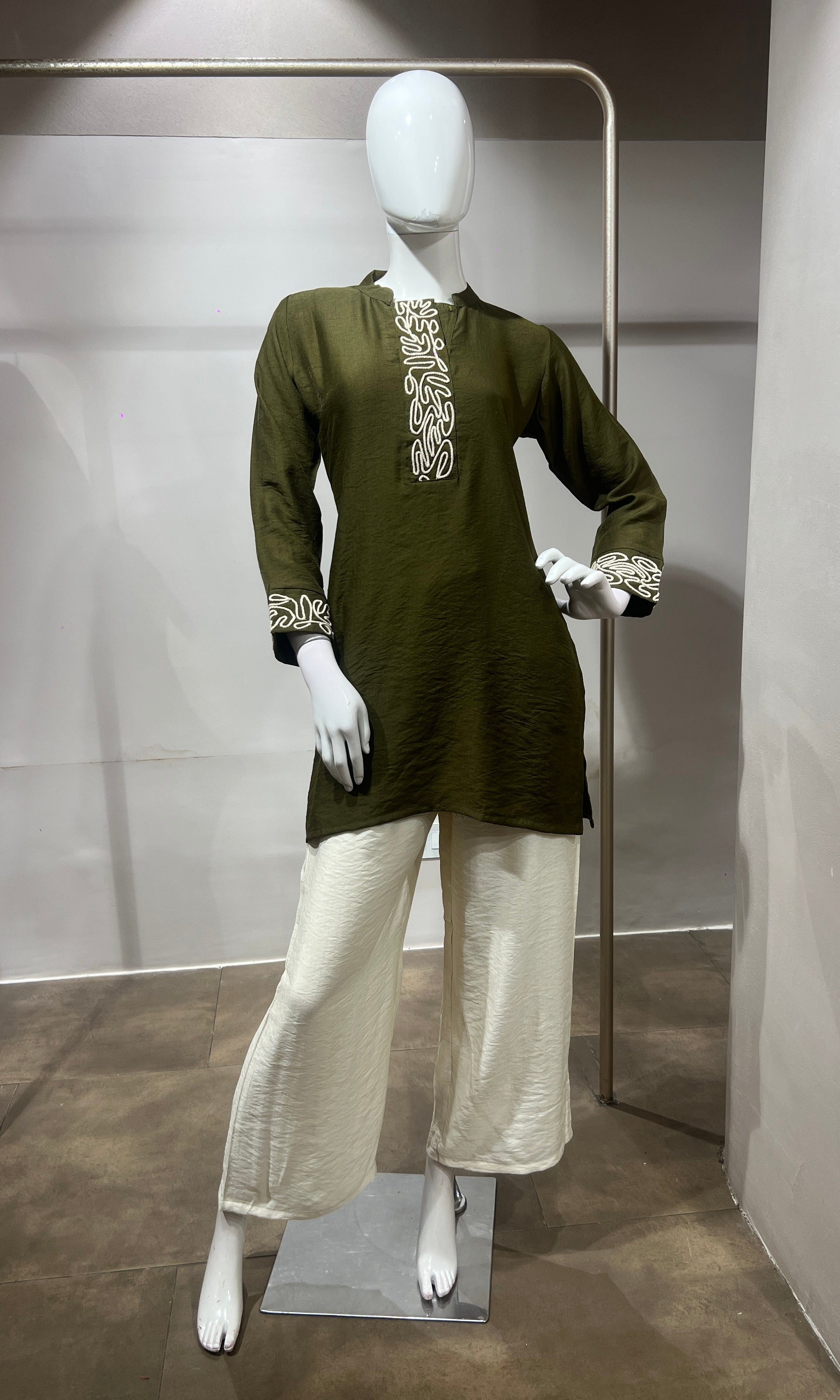 Mehandi green Mandarin Collar Cord Set