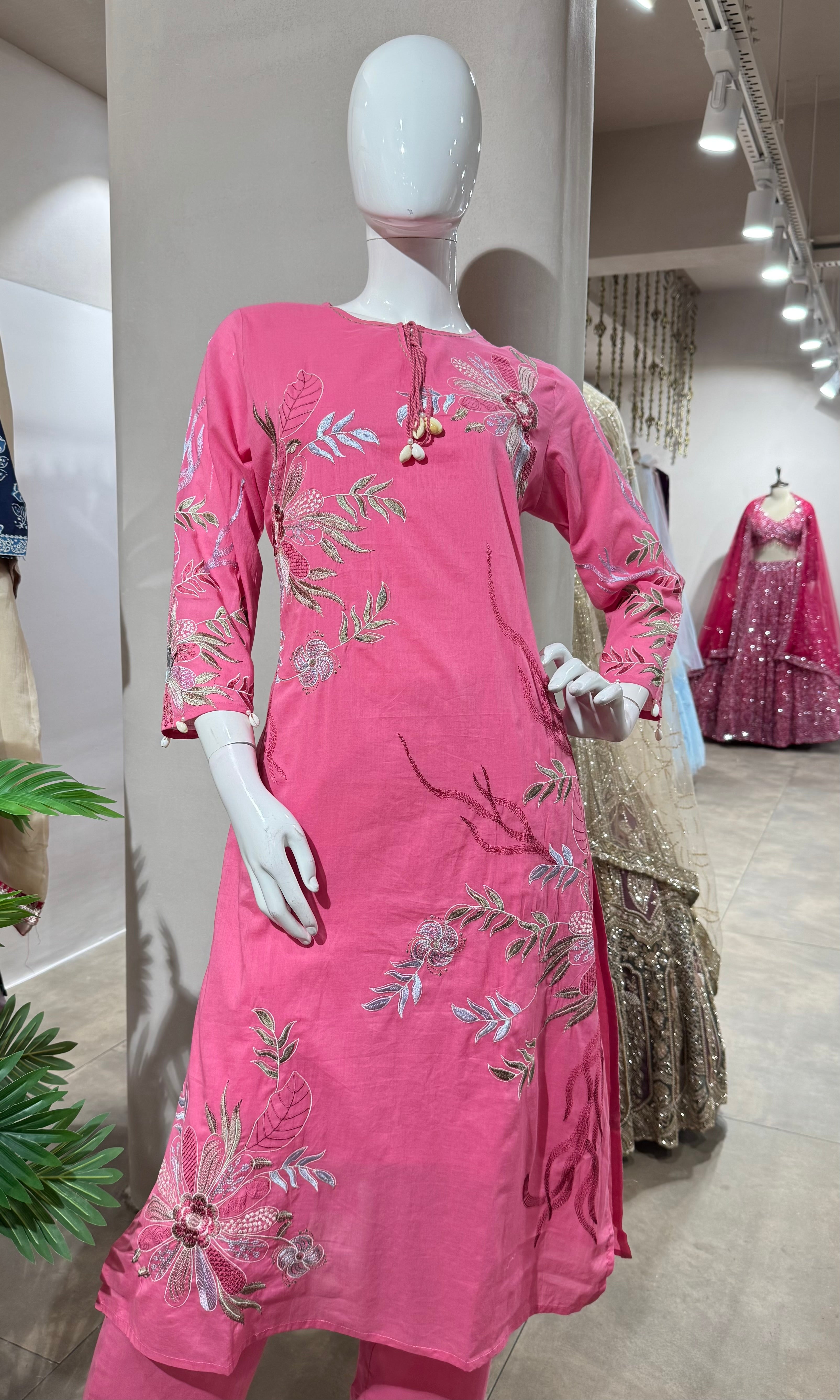 PINK FLORAL EMBROIDERED KURTA SET