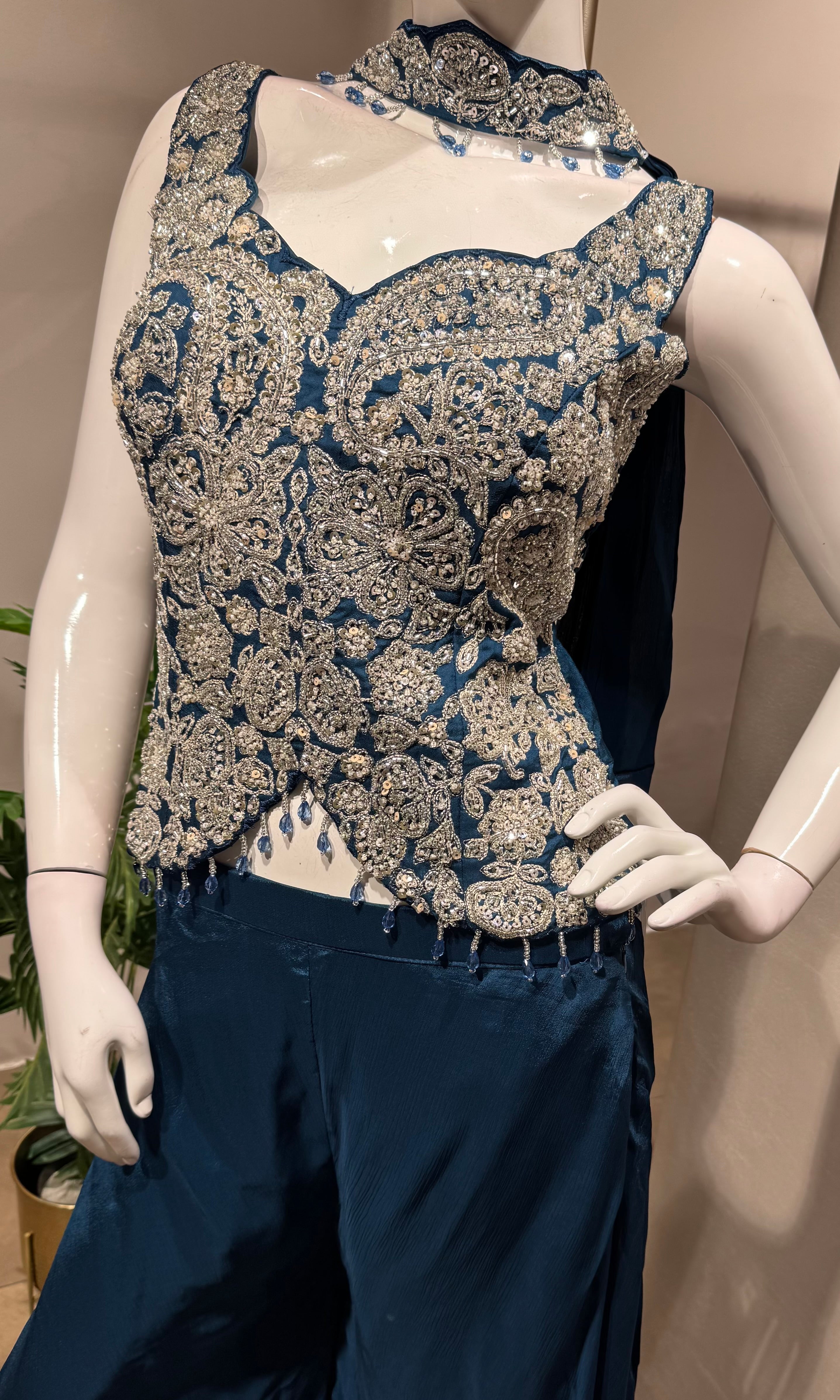Blue Embellished Peplum Palazzo Set