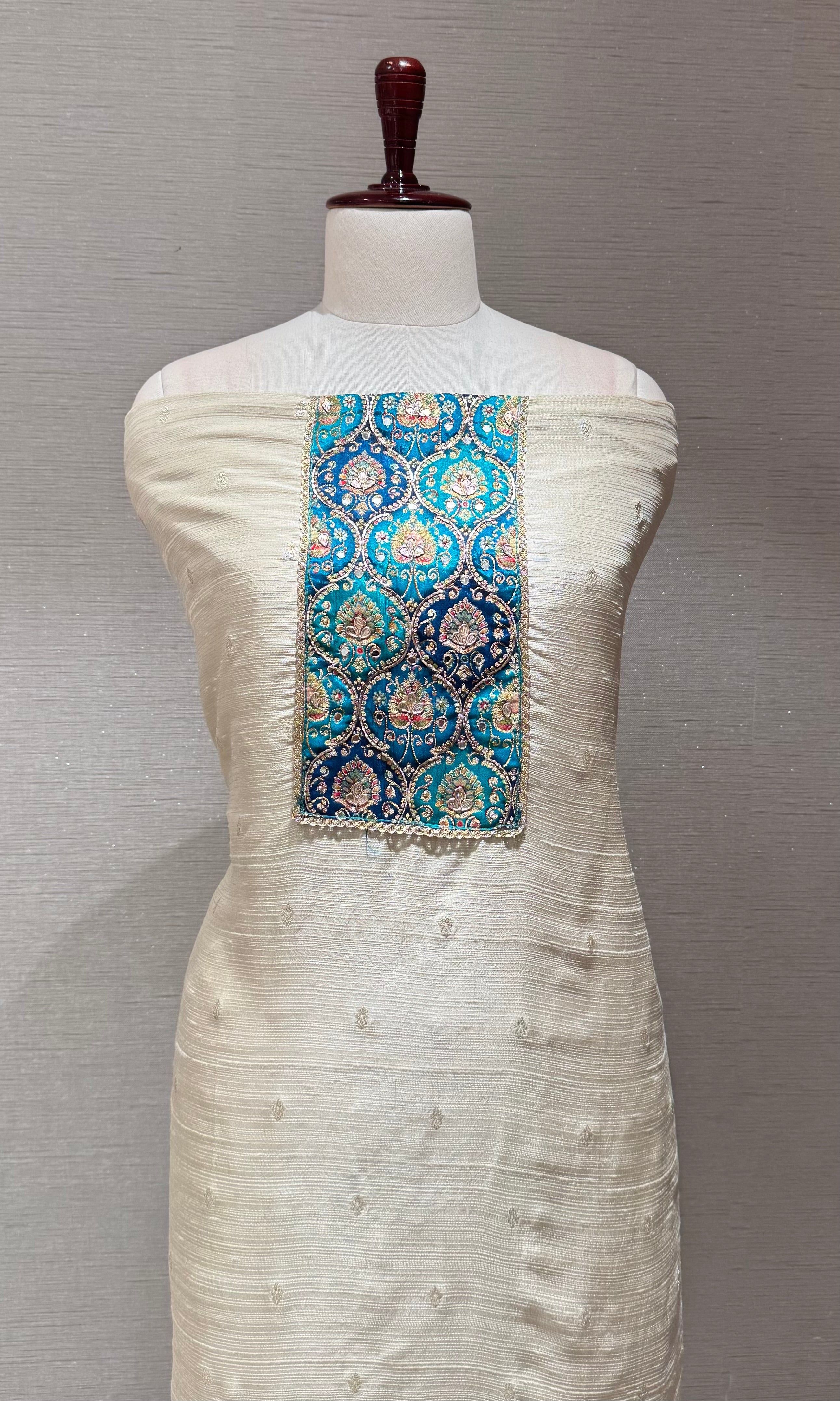 Teal Embroidered Ivory Dress Material