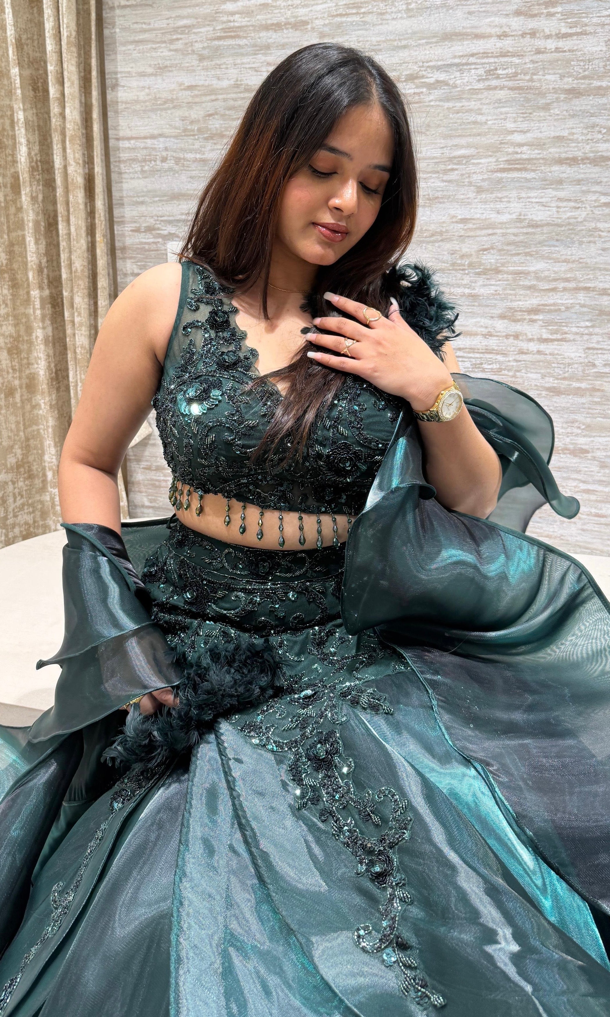 green Emerald Ruffle Lehenga