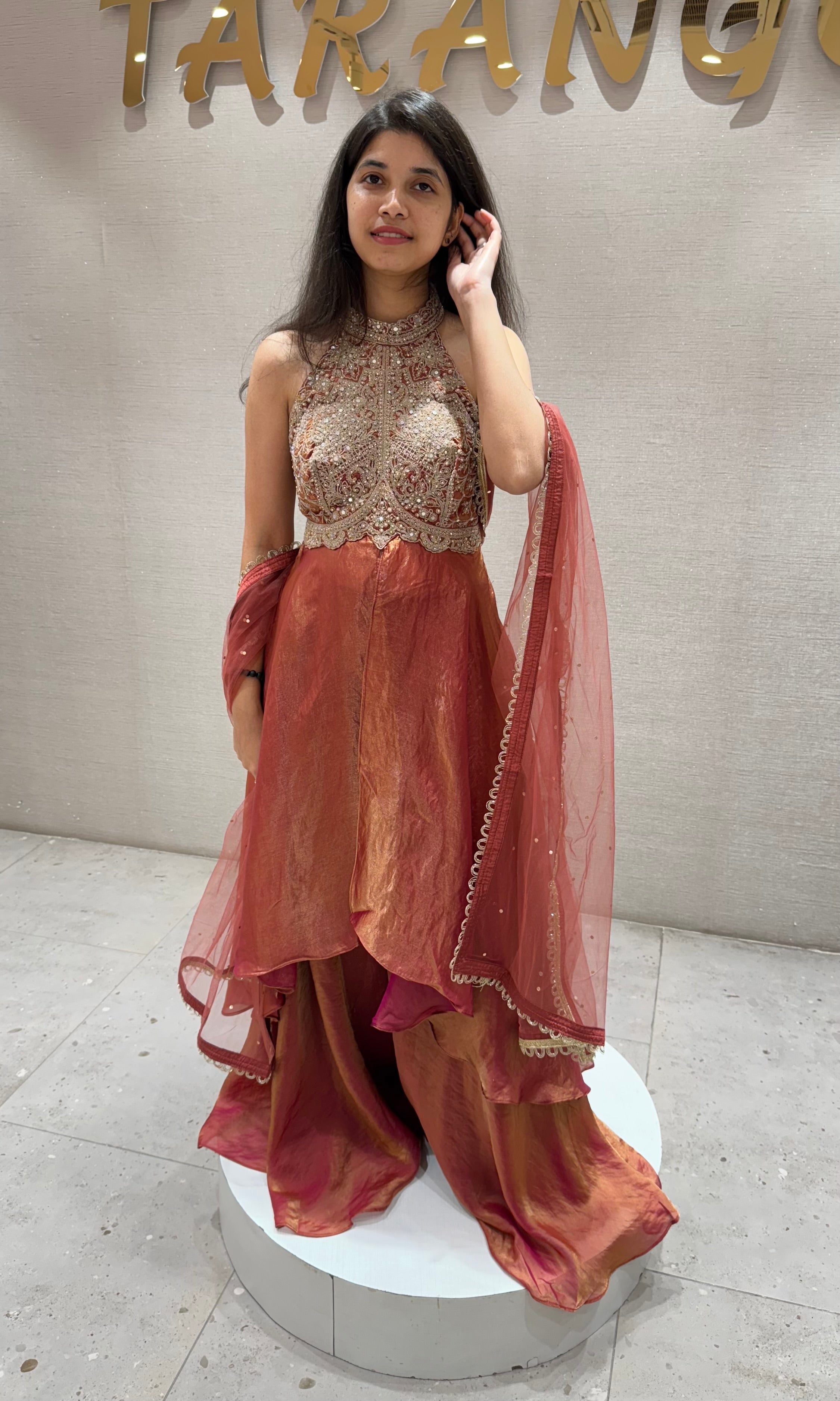 Rust ORANGE HALTER NECK A LINE CUT PALAZZO SET