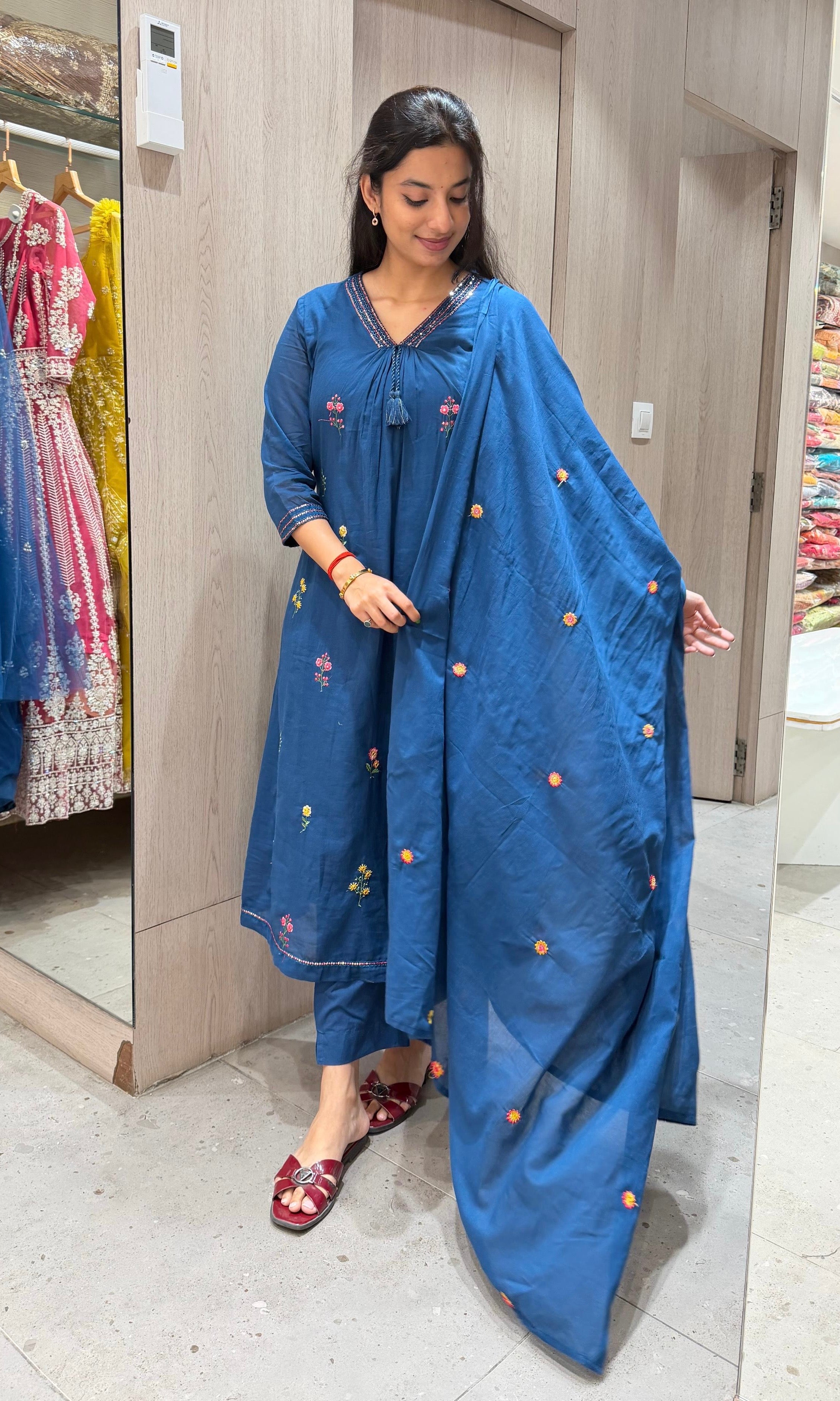 Blue FLORAL EMBROIDERED KURTA SET