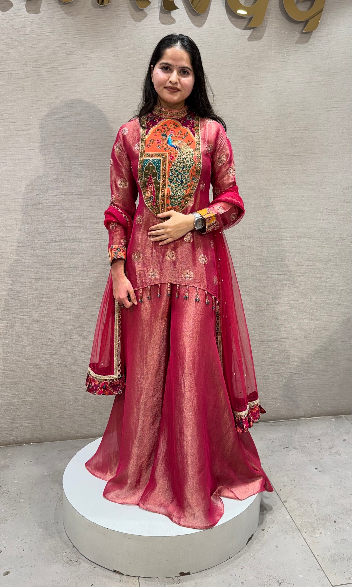 Pink Mayura Embroidered Shimmer Silk Palazzo Set