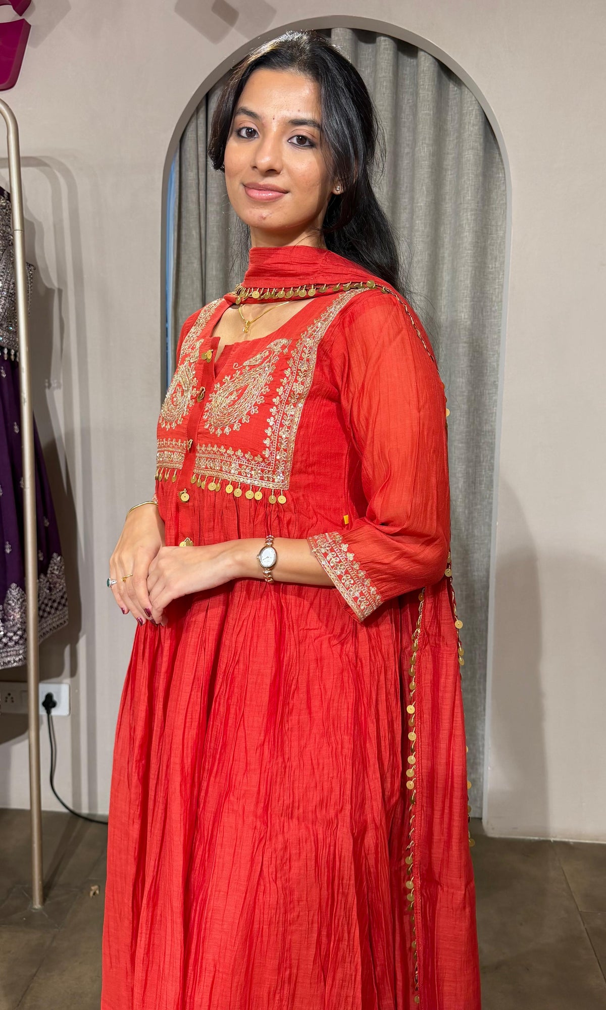 RUST MUL CHANDERI KURTA SET WITH DUPATTA