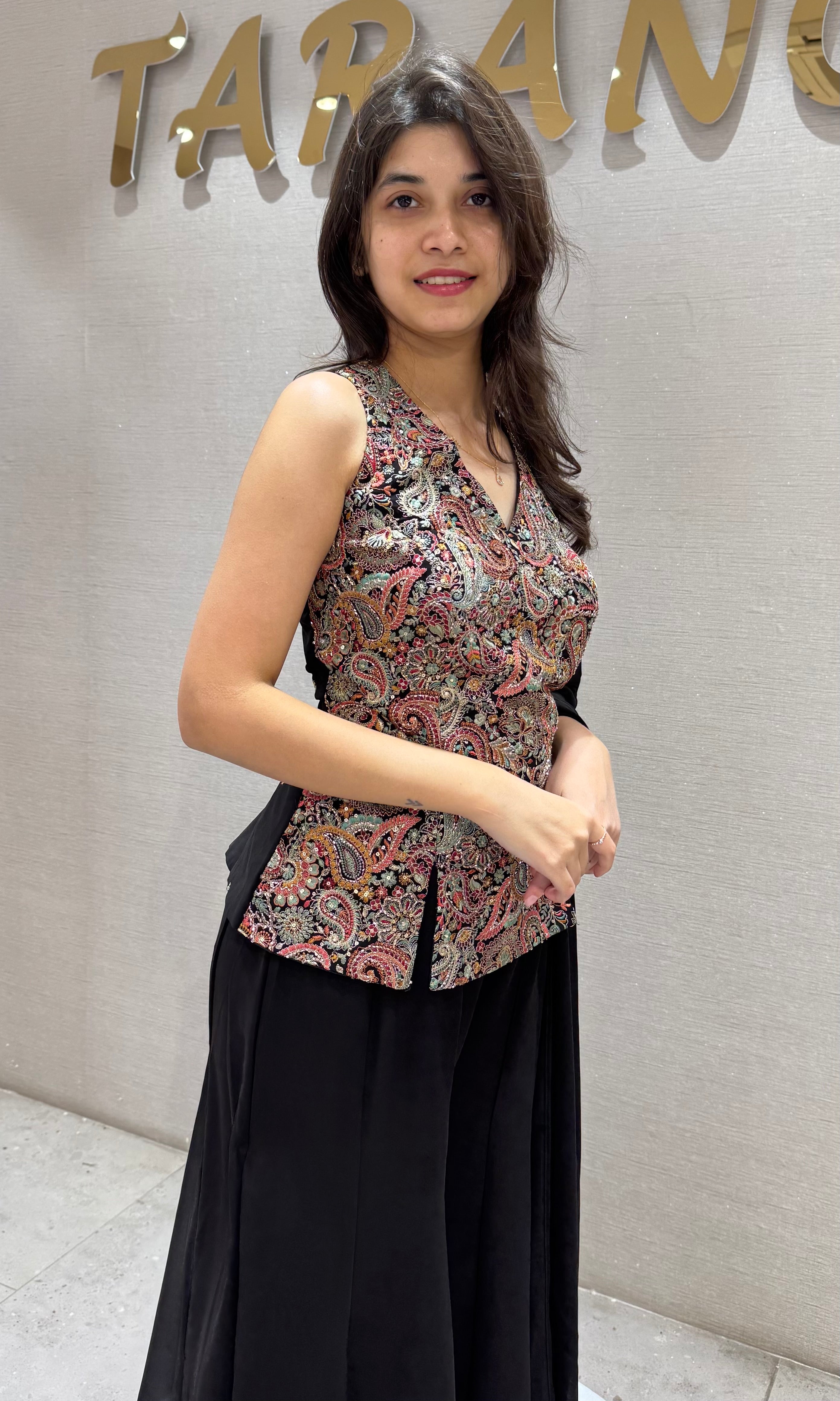 Black Floral Print Peplum palazzo set