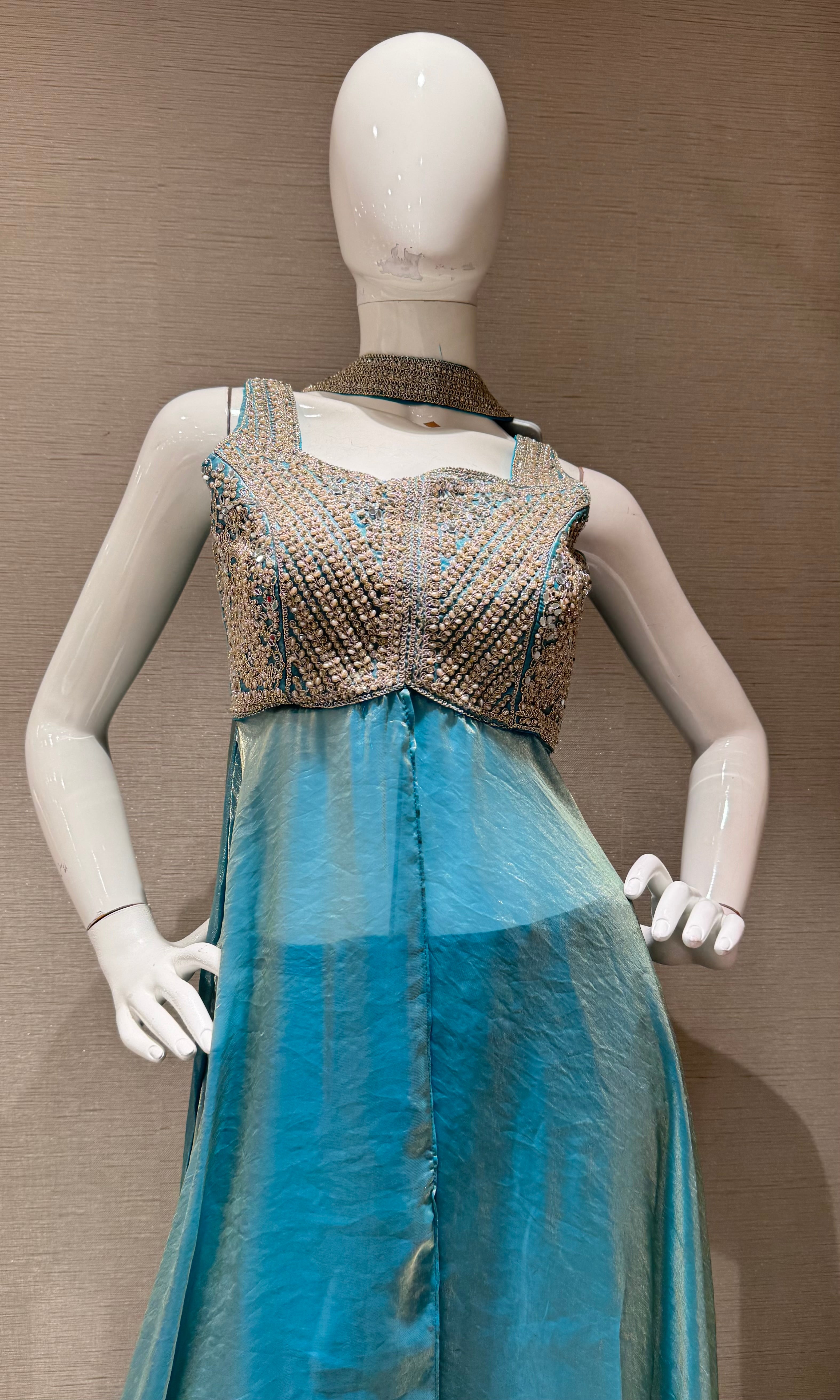 Blue embroidered shimmer tissue palazzo set