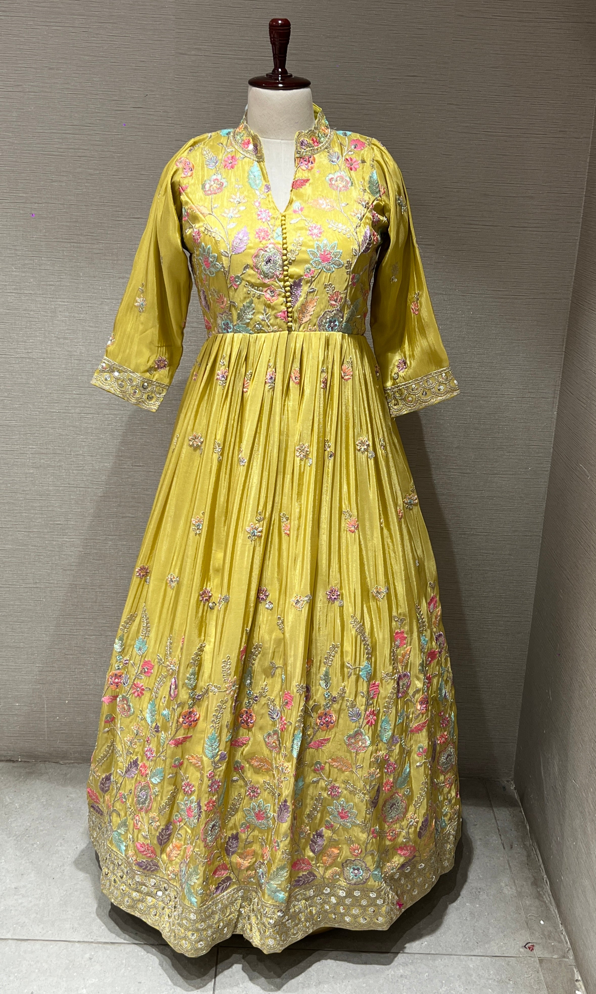 Light Yellow Anarkali Long Gown with Multicolor Floral Embroidery