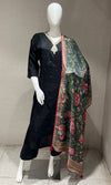 black kurta set with floral printed dupatta